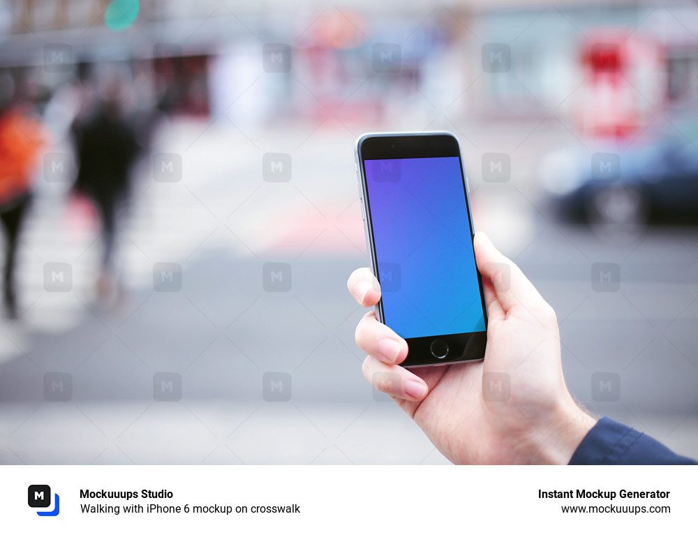 Walking with iPhone 6 mockup on crosswalk