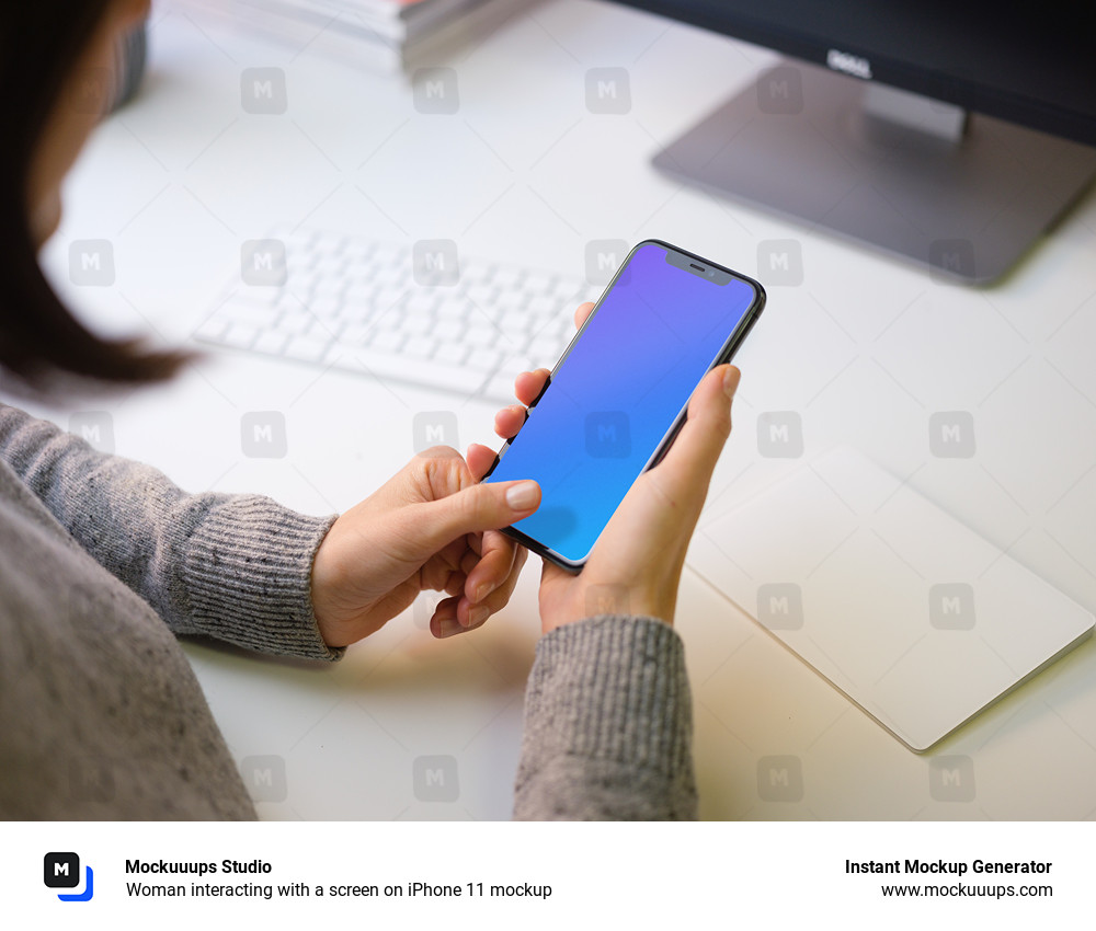 Woman interacting with a screen on iPhone 11 mockup