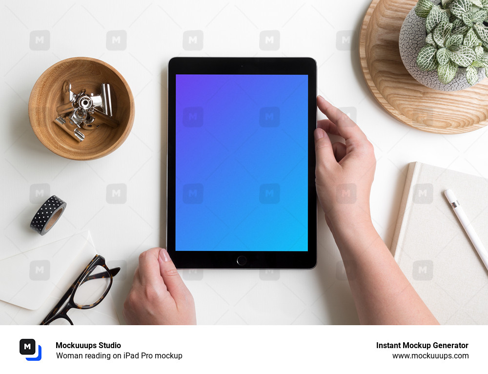 Woman reading on iPad Pro mockup