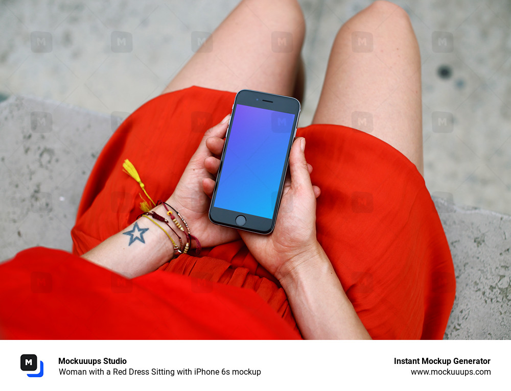 Woman with a Red Dress Sitting with iPhone 6s mockup