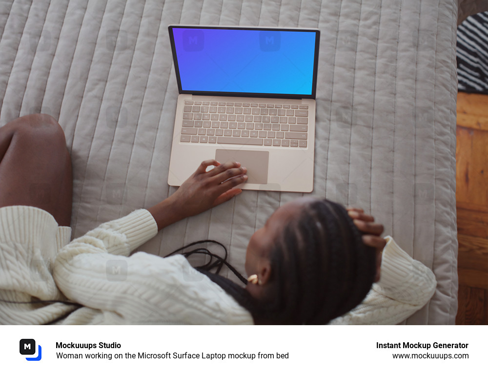 Woman working on the Microsoft Surface Laptop mockup from bed