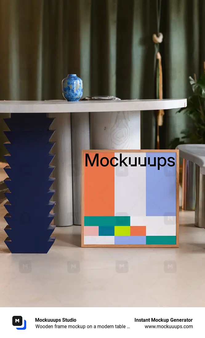 Wooden frame mockup on a modern table with decor