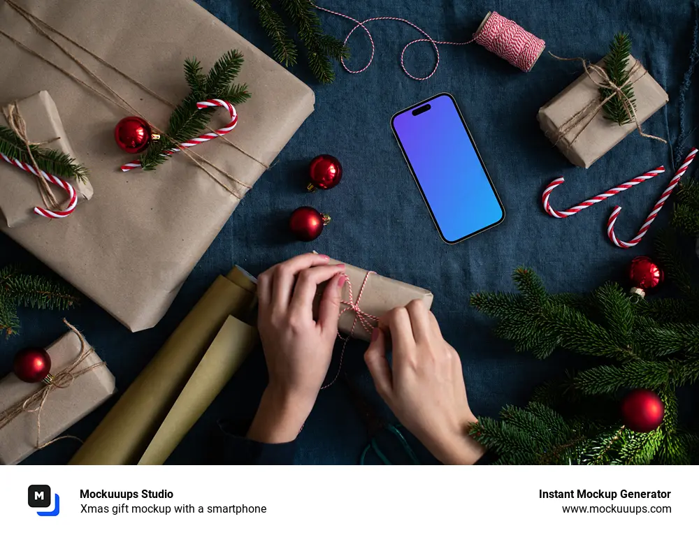 Xmas gift mockup with a smartphone