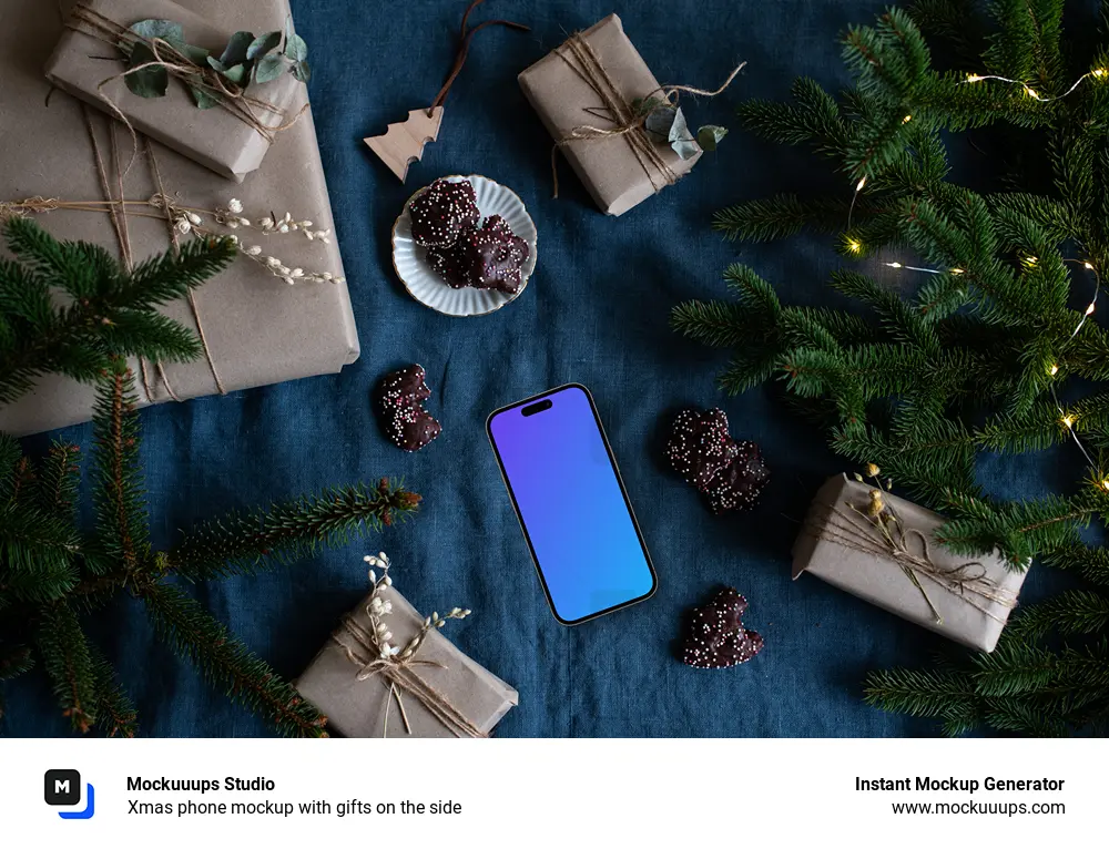 Xmas phone mockup with gifts on the side