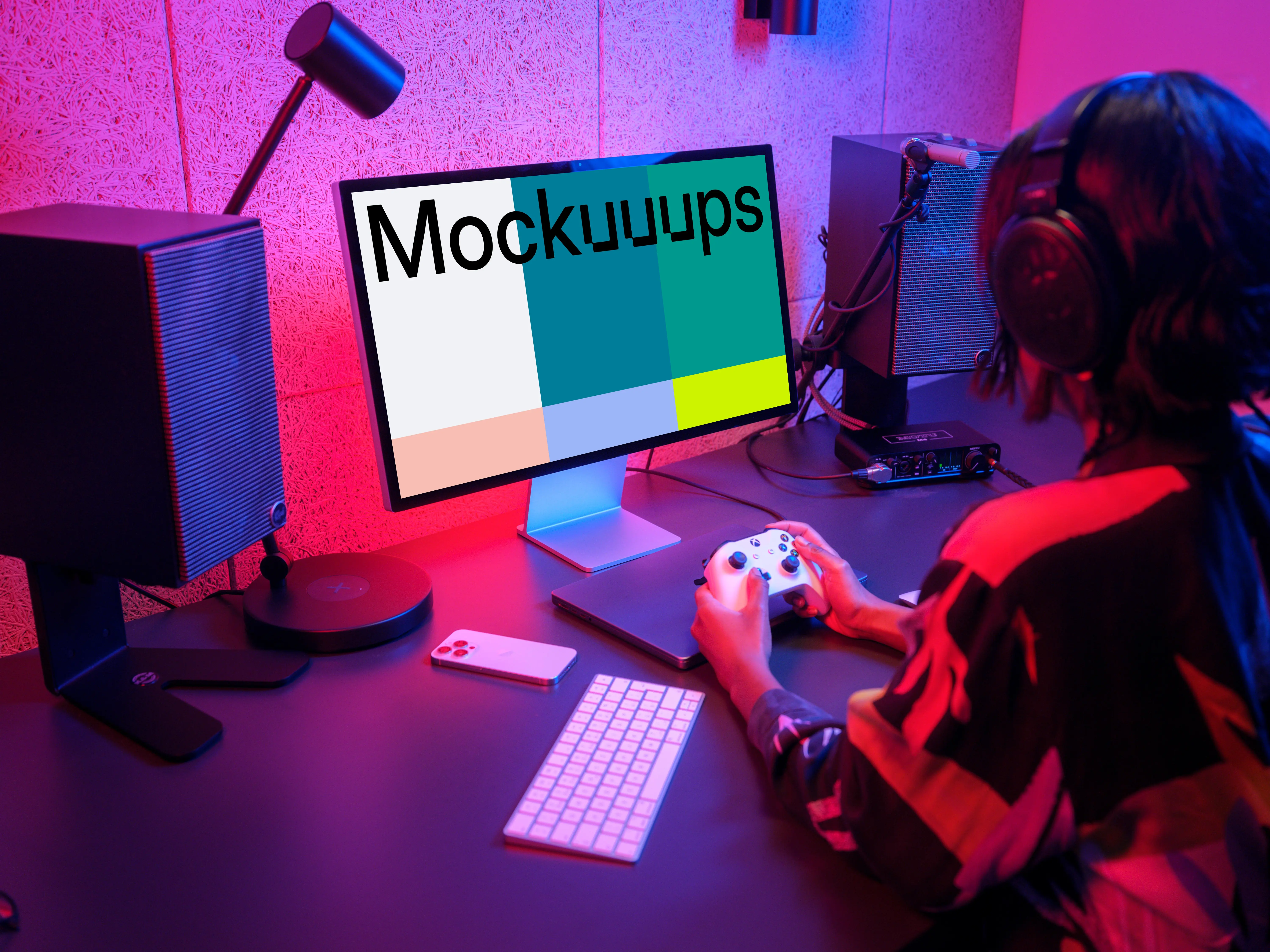 Apple Studio Display mockup in a Vibrant Gaming Setup