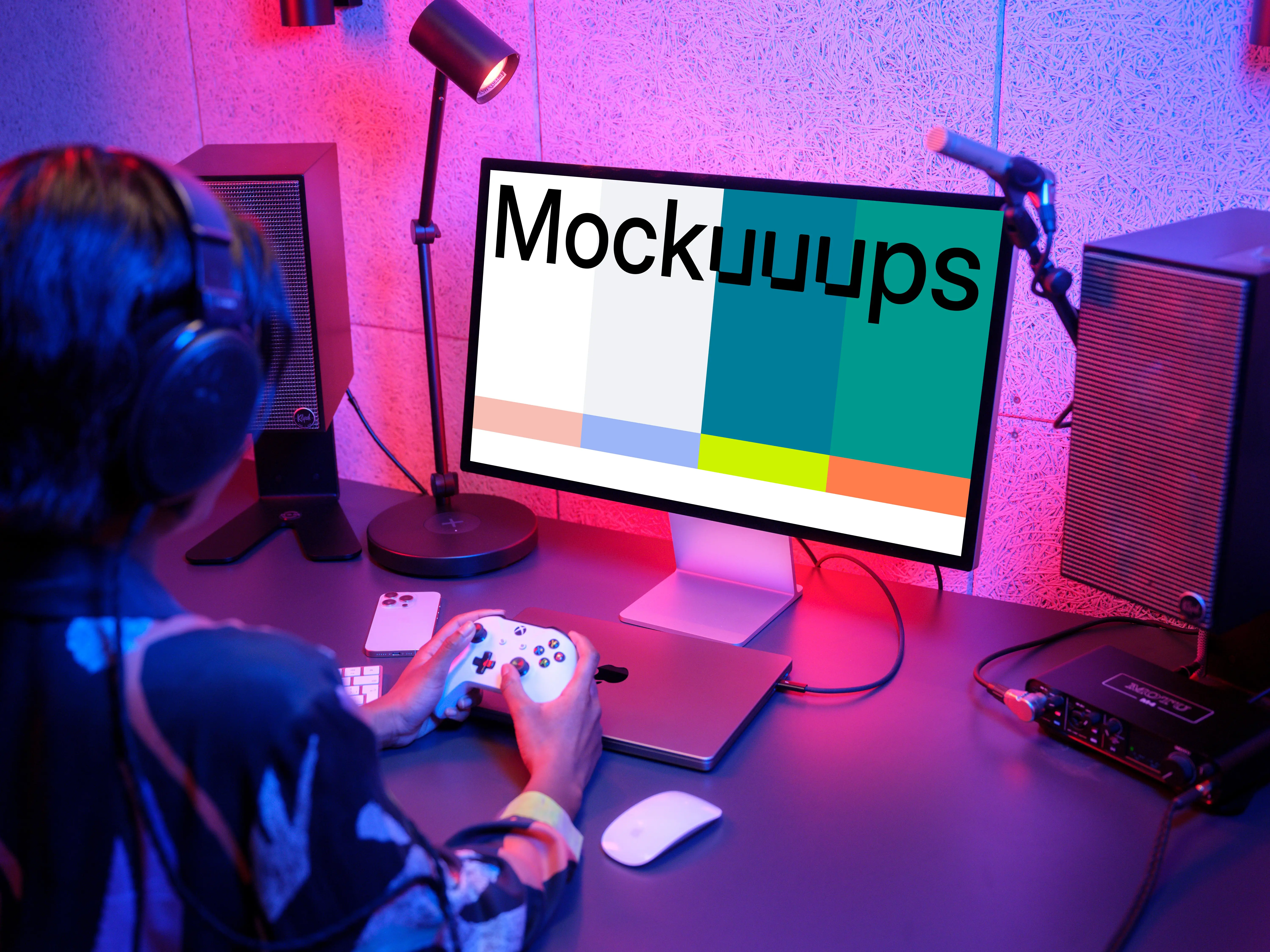 Apple Studio Display mockup in Gamer's Neon-Lit Setup