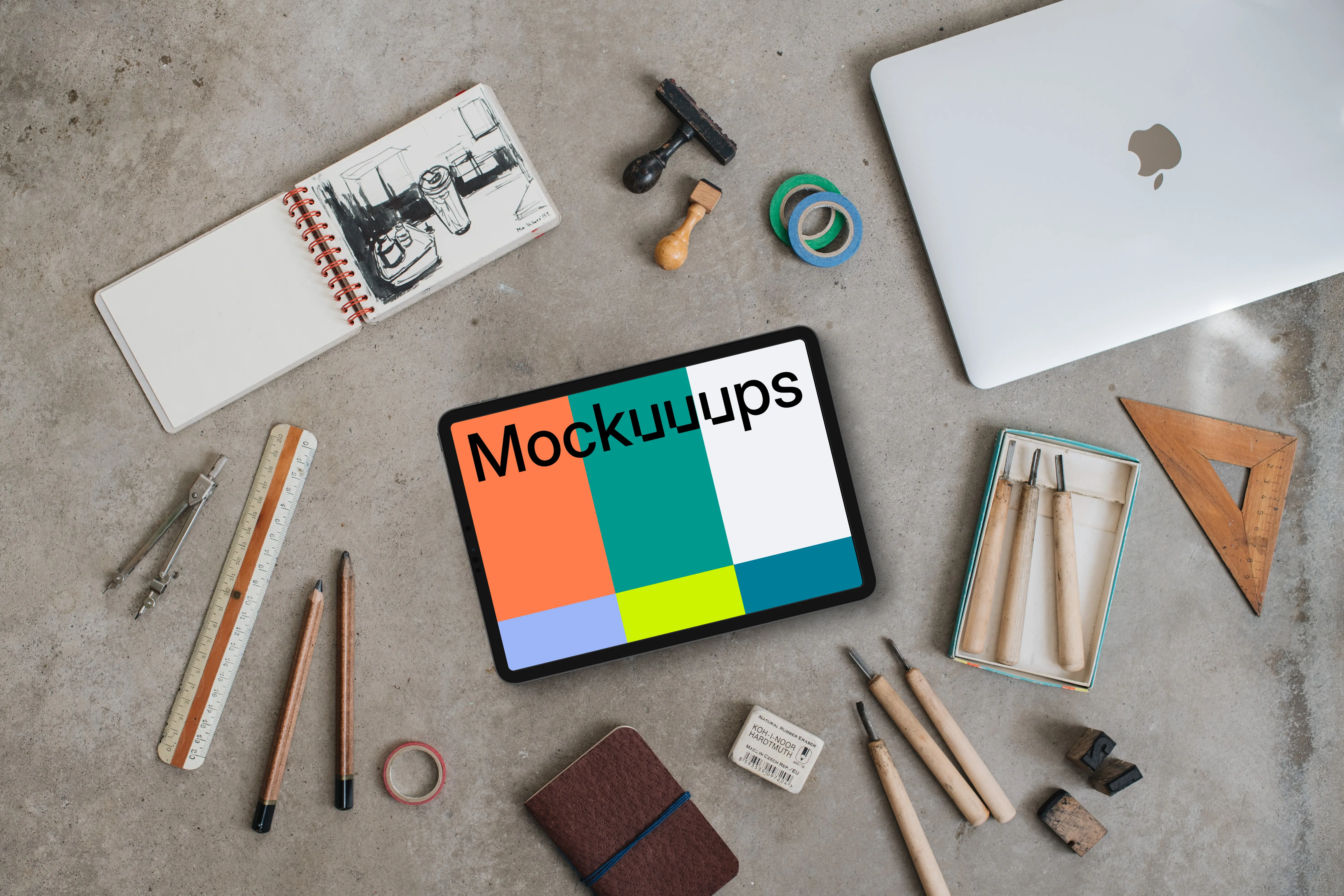 Artist's atelier with landscape tablet mockup