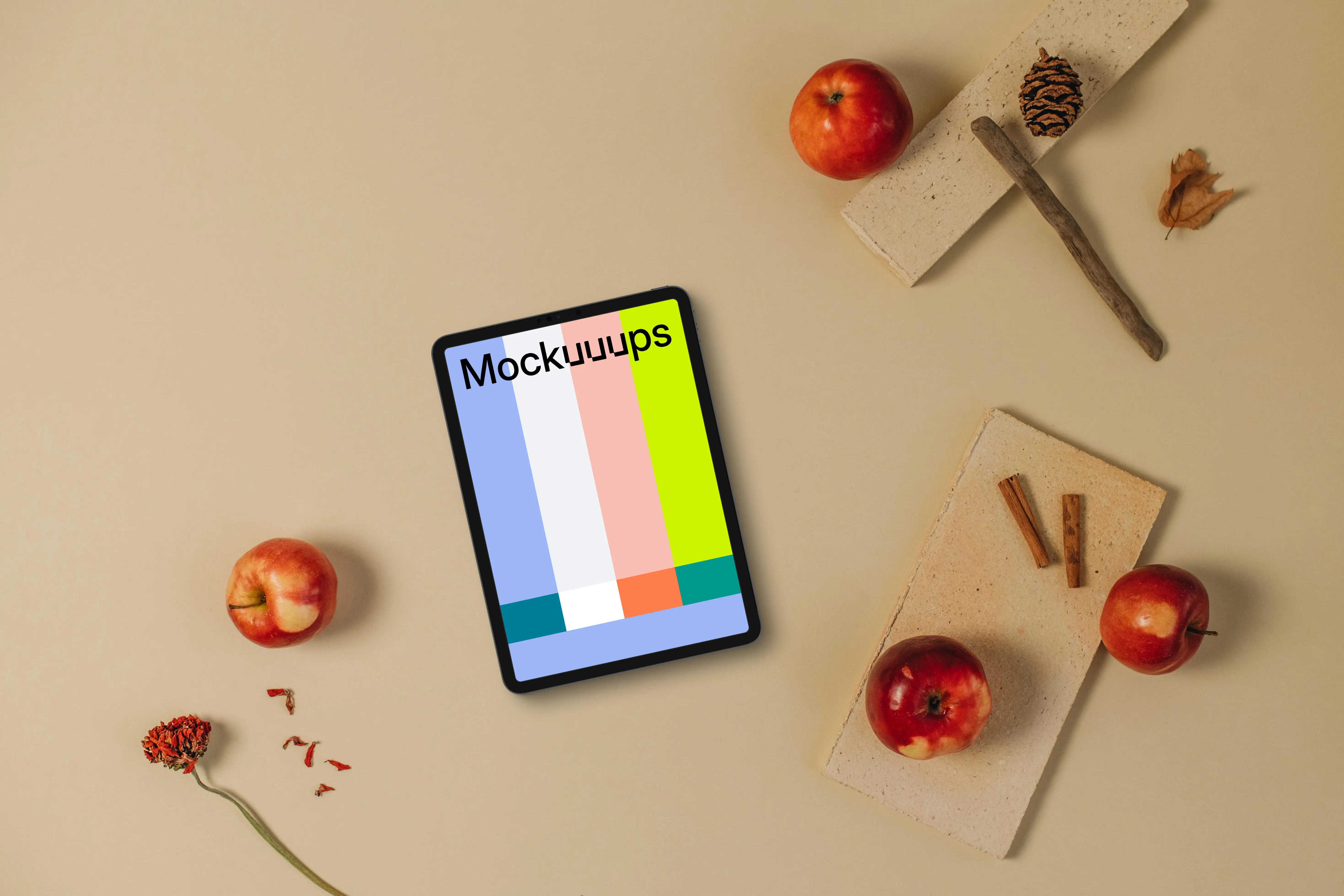 Autumn mockup scene with a tablet