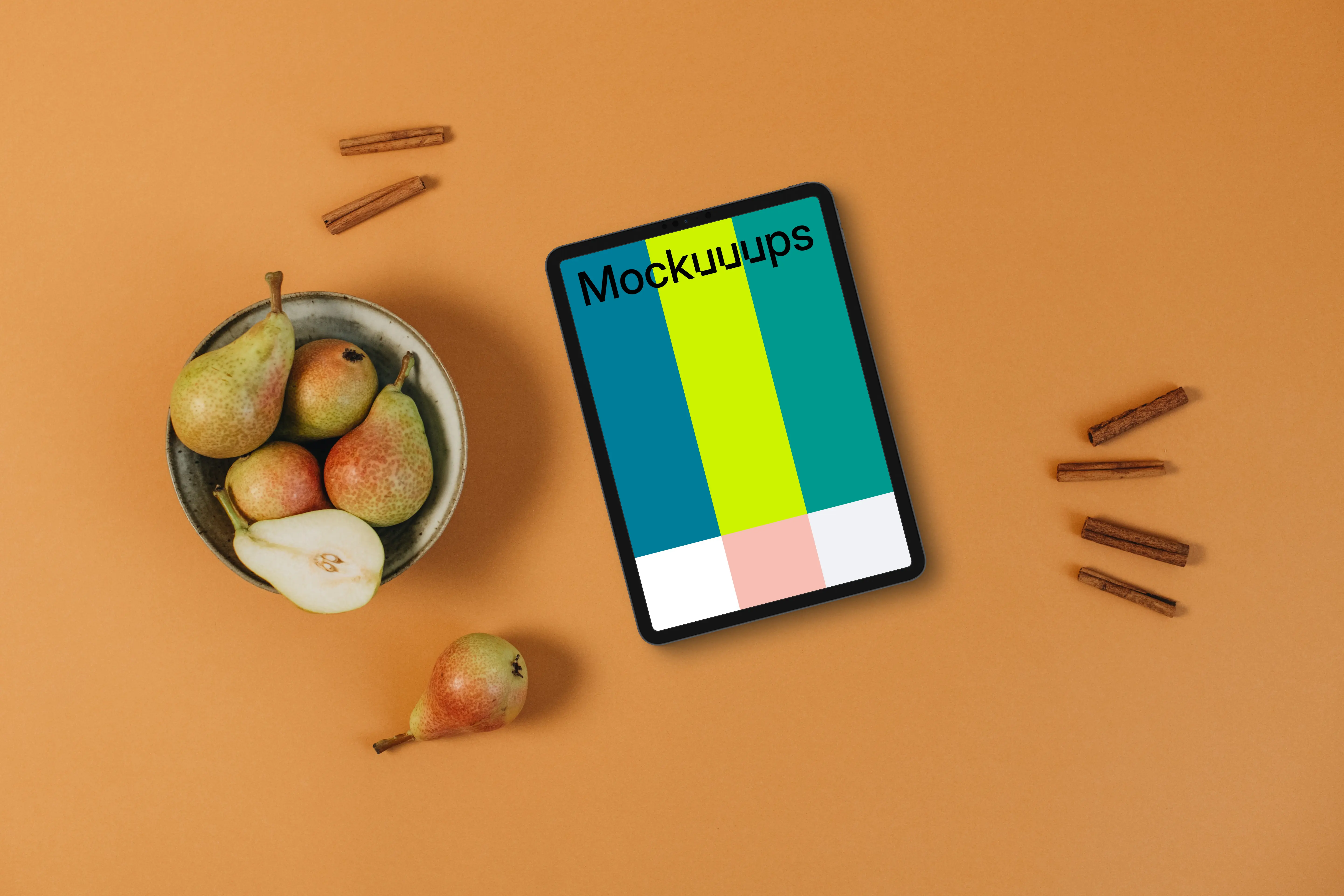 Autumn scene with top view on tablet mockup