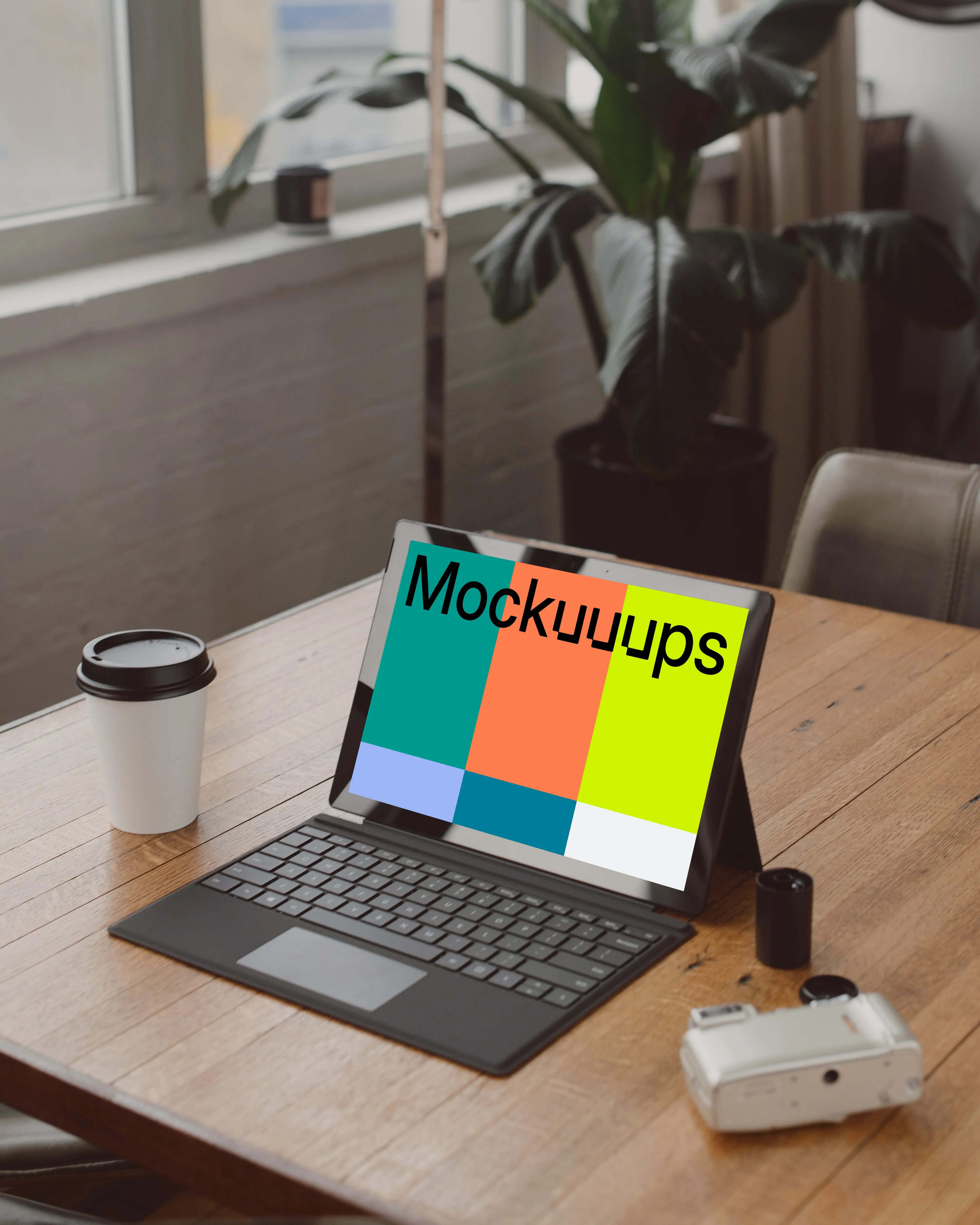 Black Microsoft Surface laptop mockup on a table beside a cup of coffee 