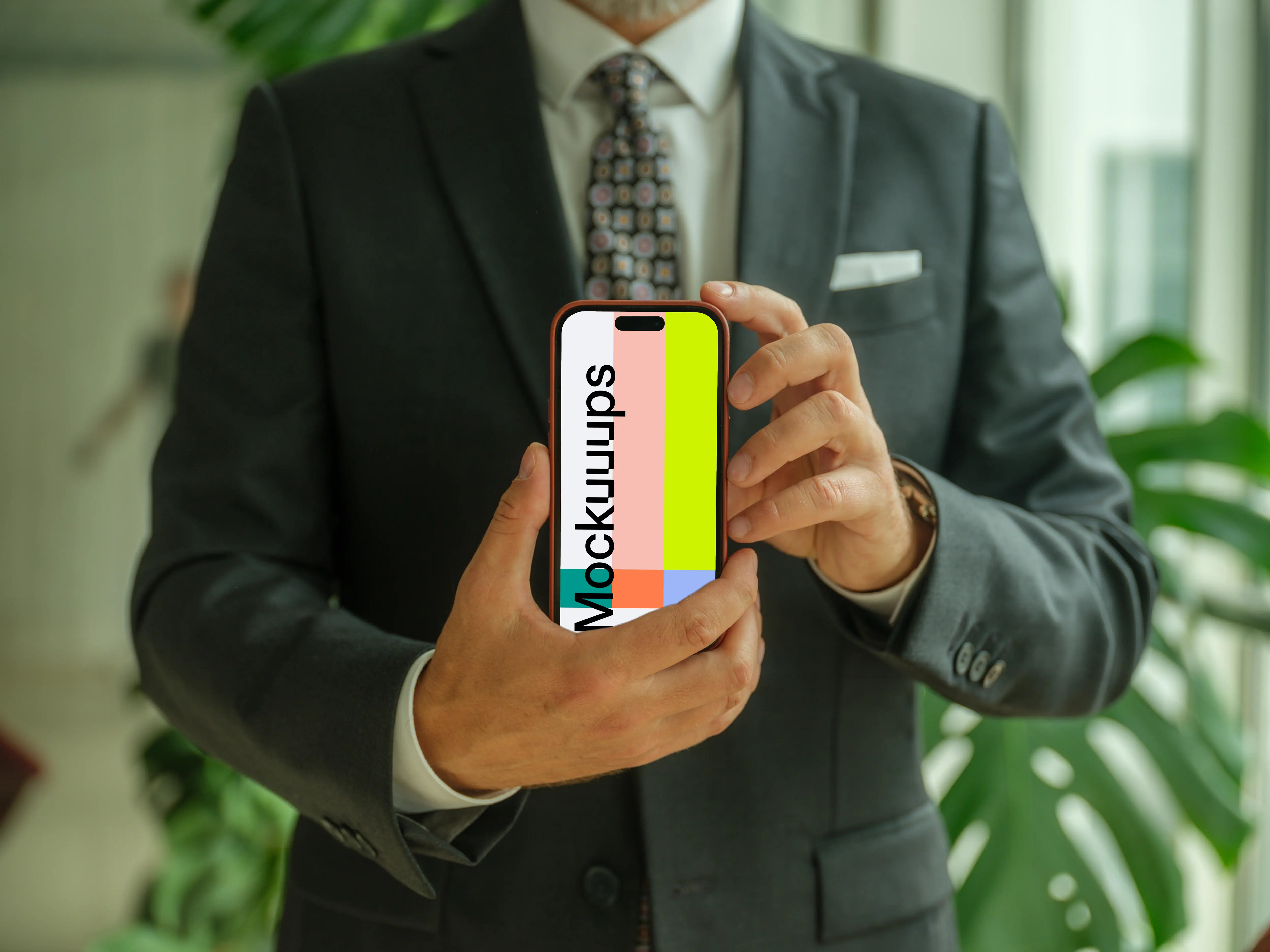 Businessman confidently holding an iPhone mockup
