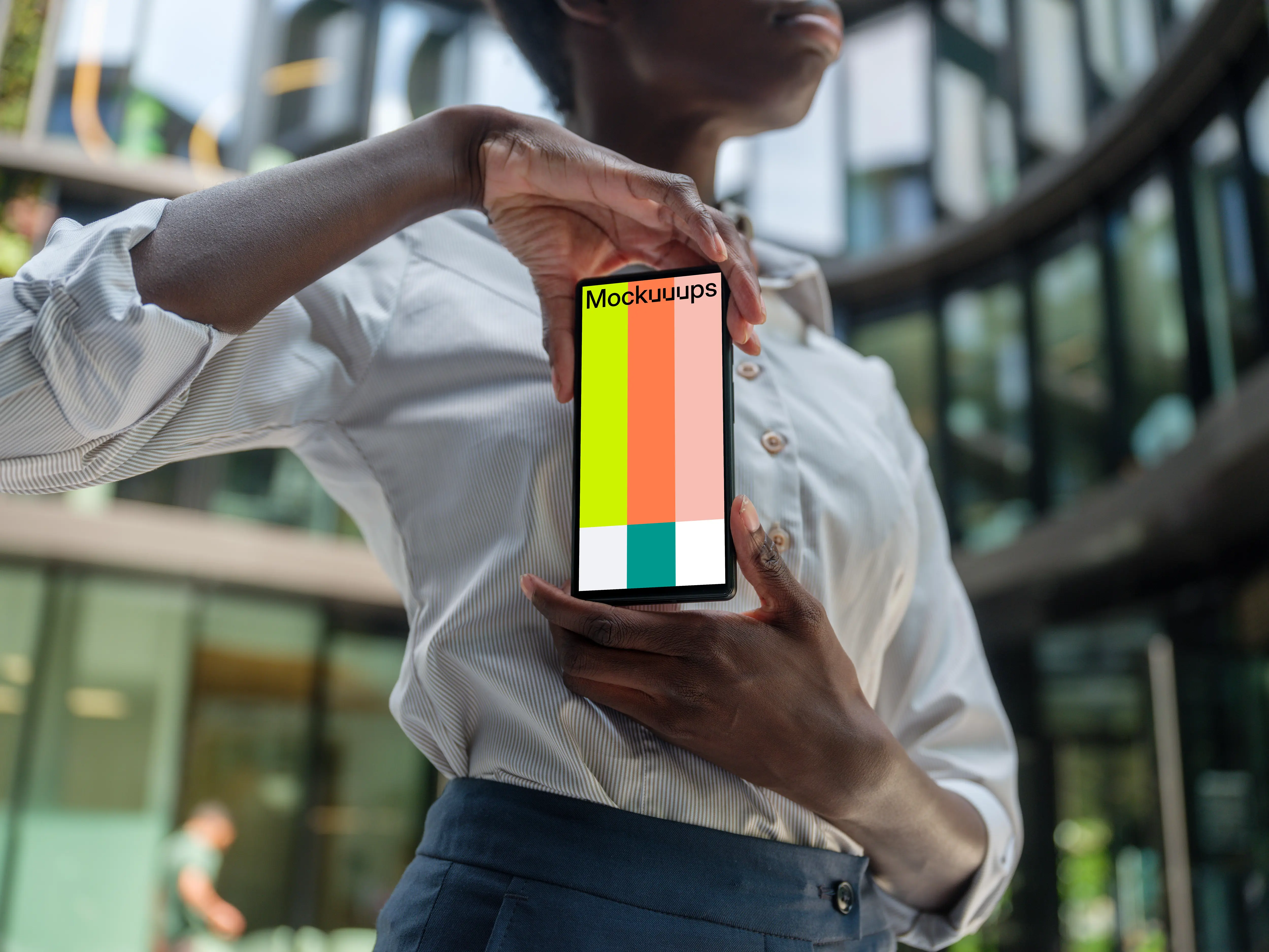 Businesswoman holding a Google Pixel mockup