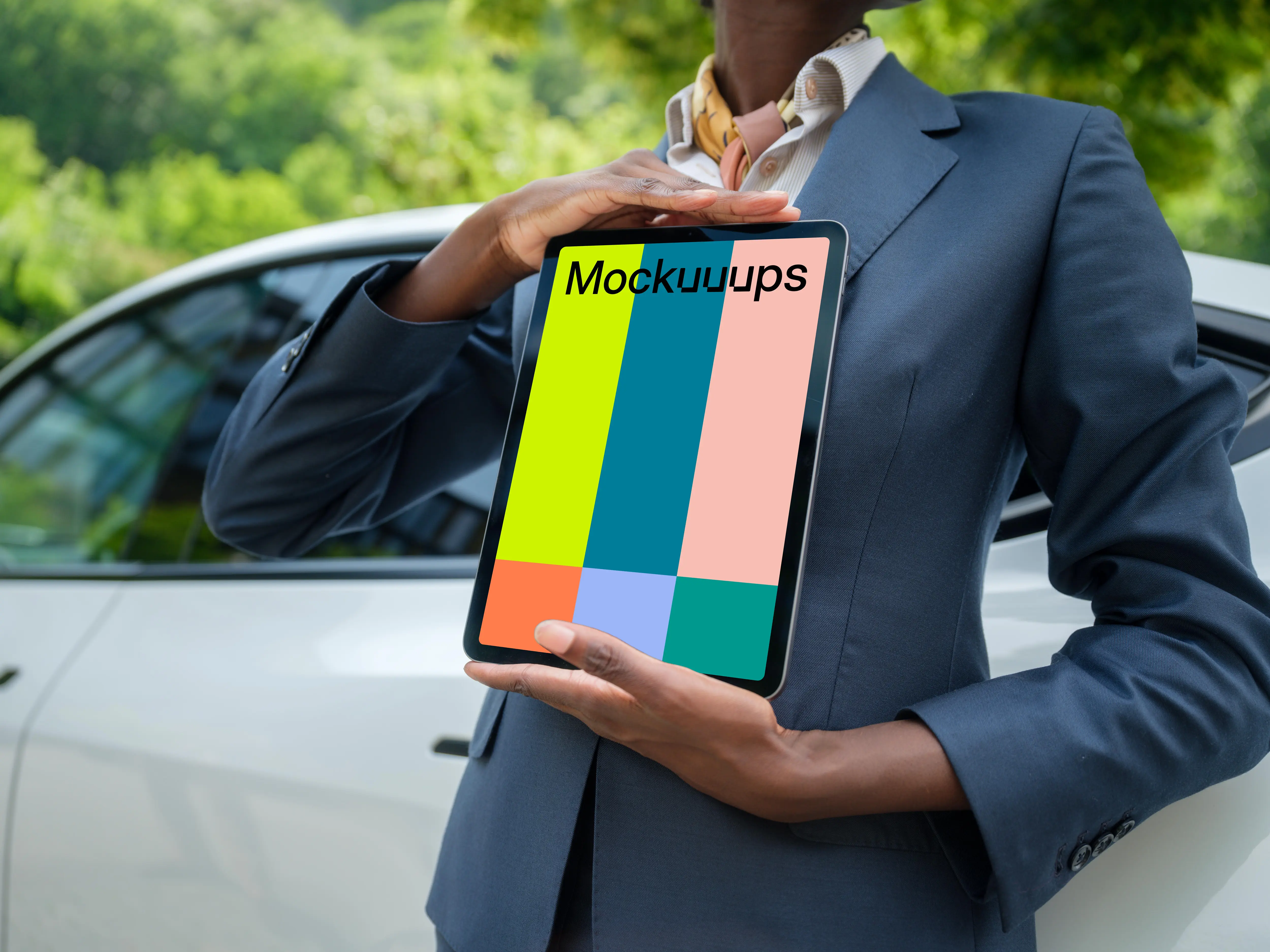 Businesswoman with iPad Mockups standing next to the Tesla