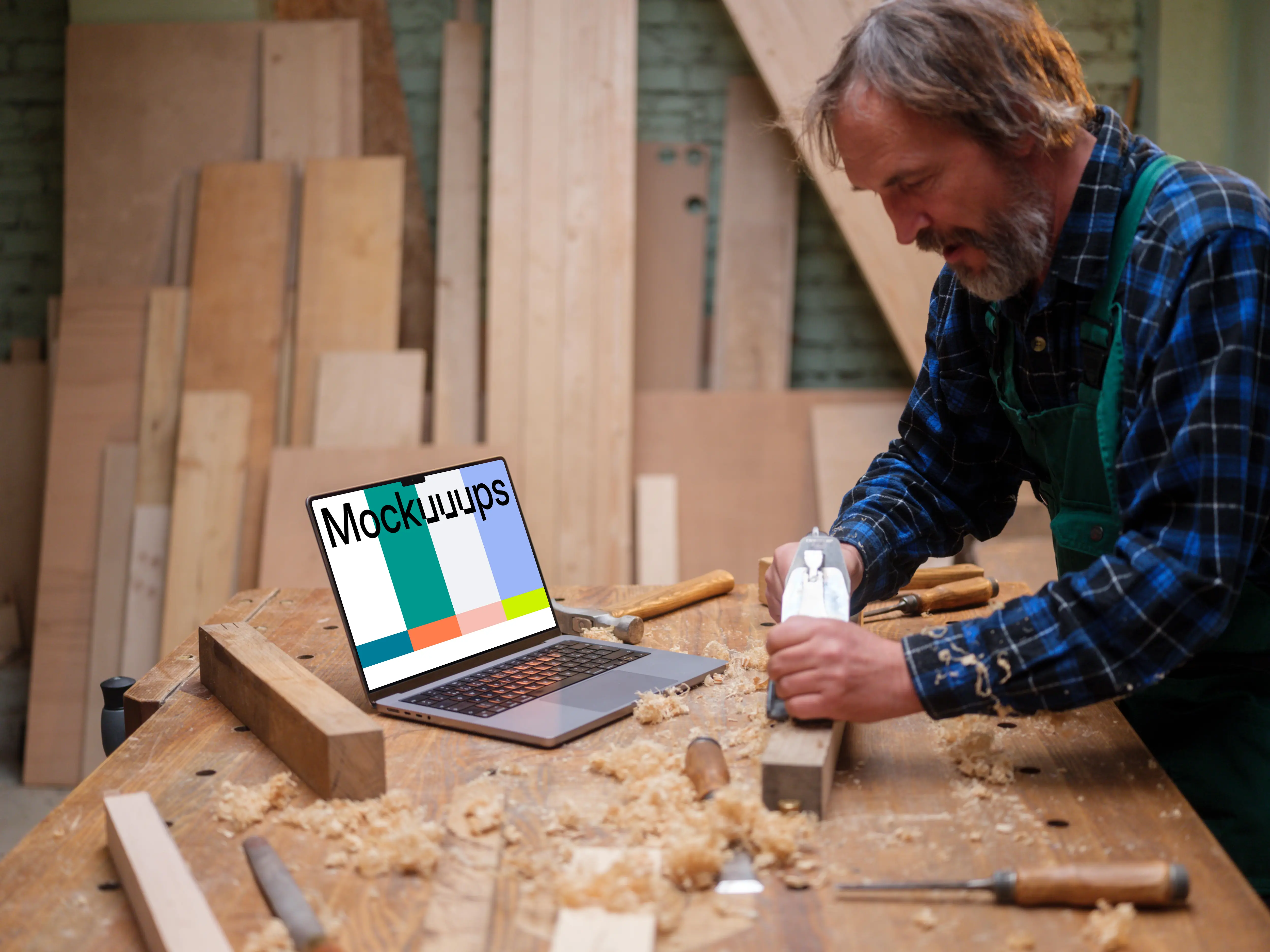 Carpenter standing next to the MacBook Pro mockup