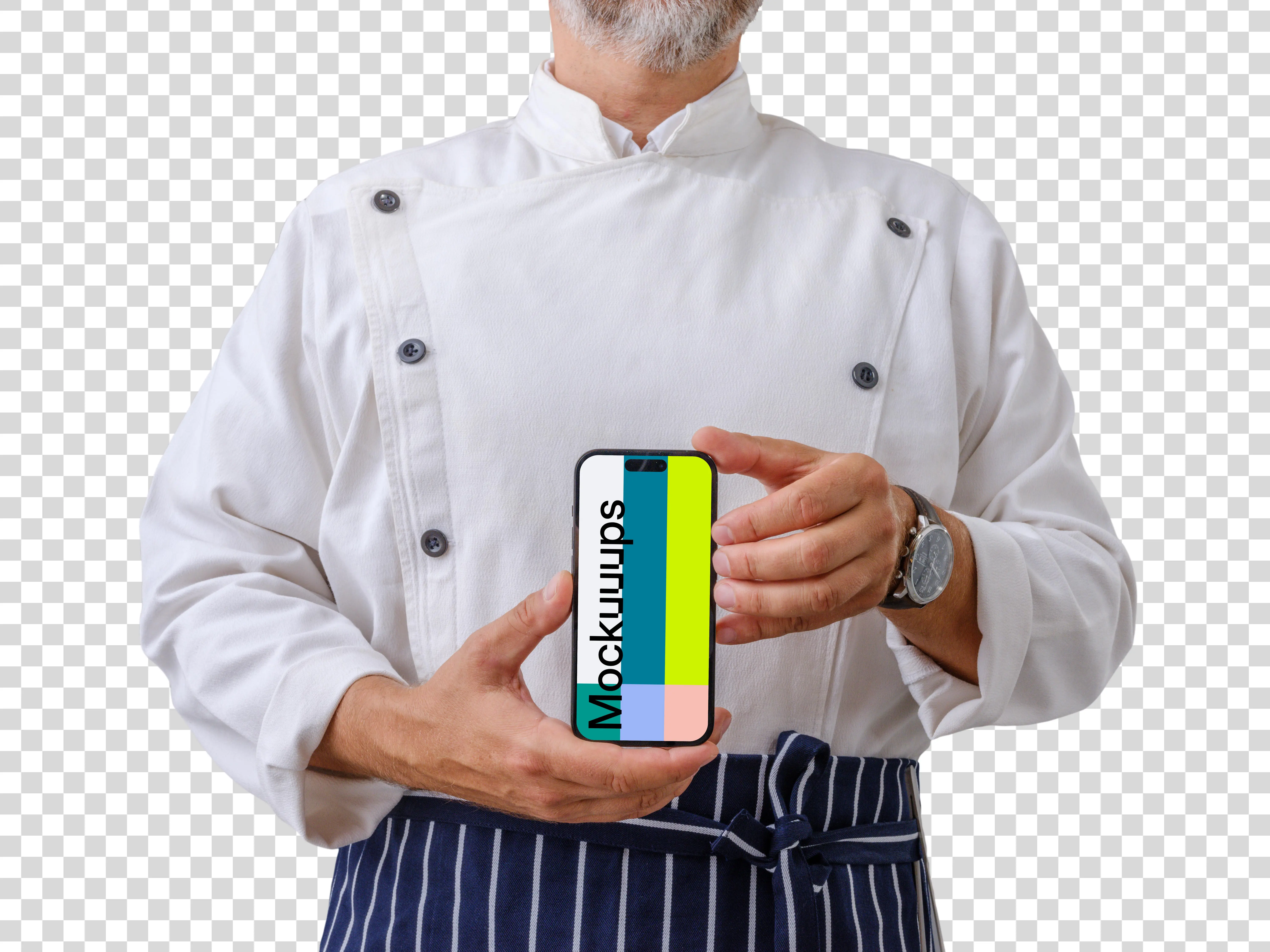 Chef confidently holding an iPhone 14 Pro mockup