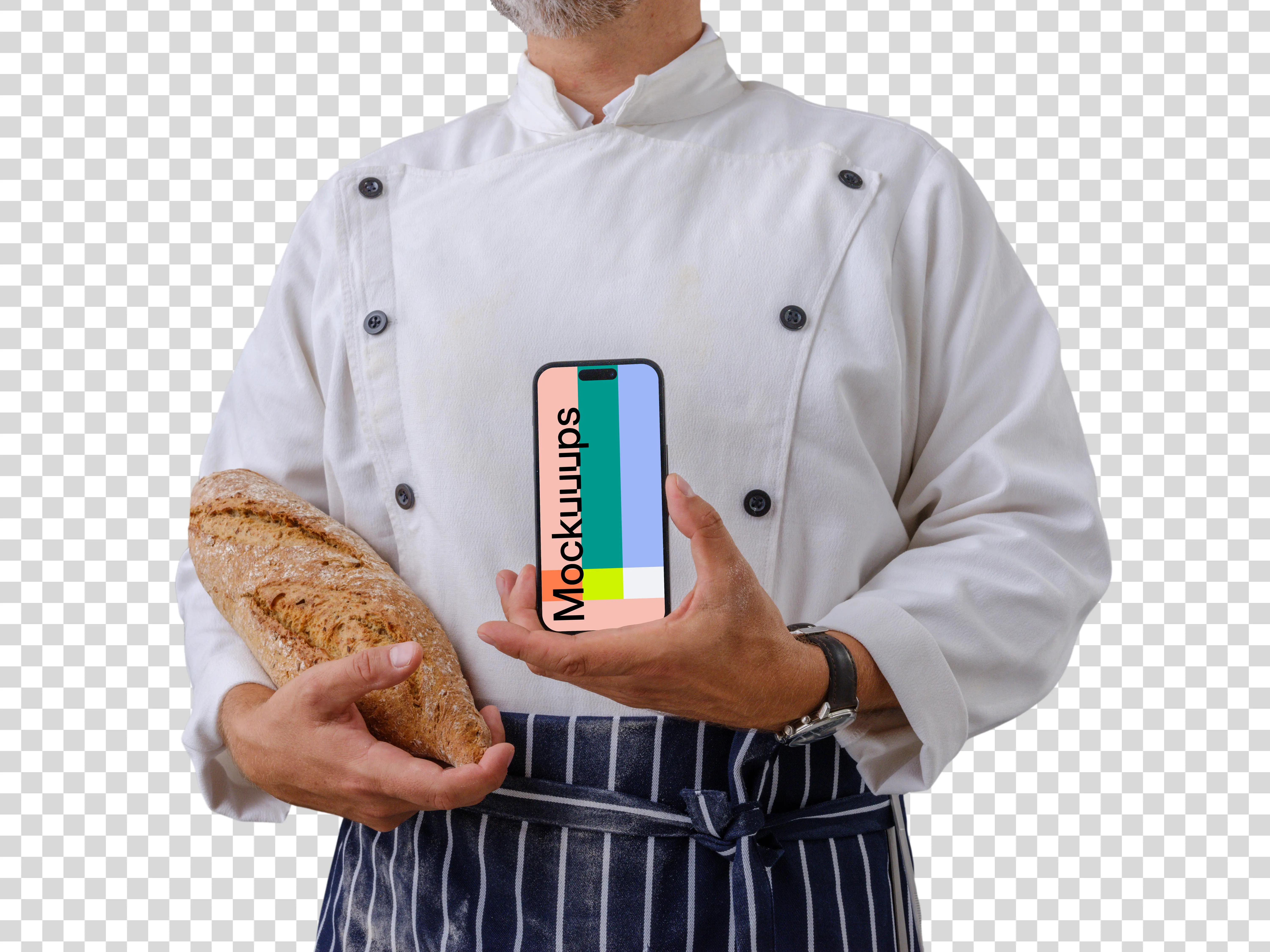 Chef holding firmly an iPhone and a bread
