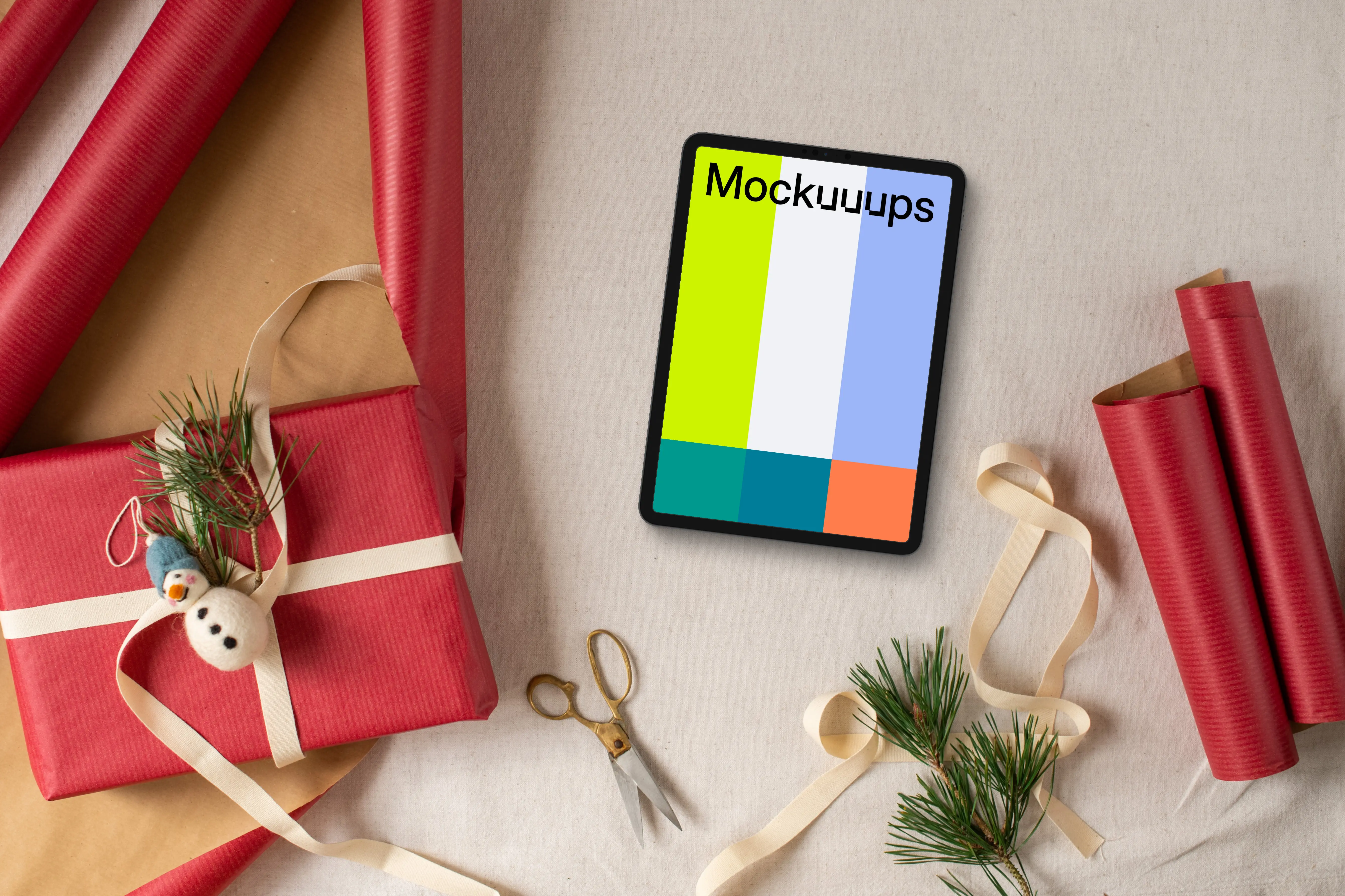Christmas gift mockup with a tablet