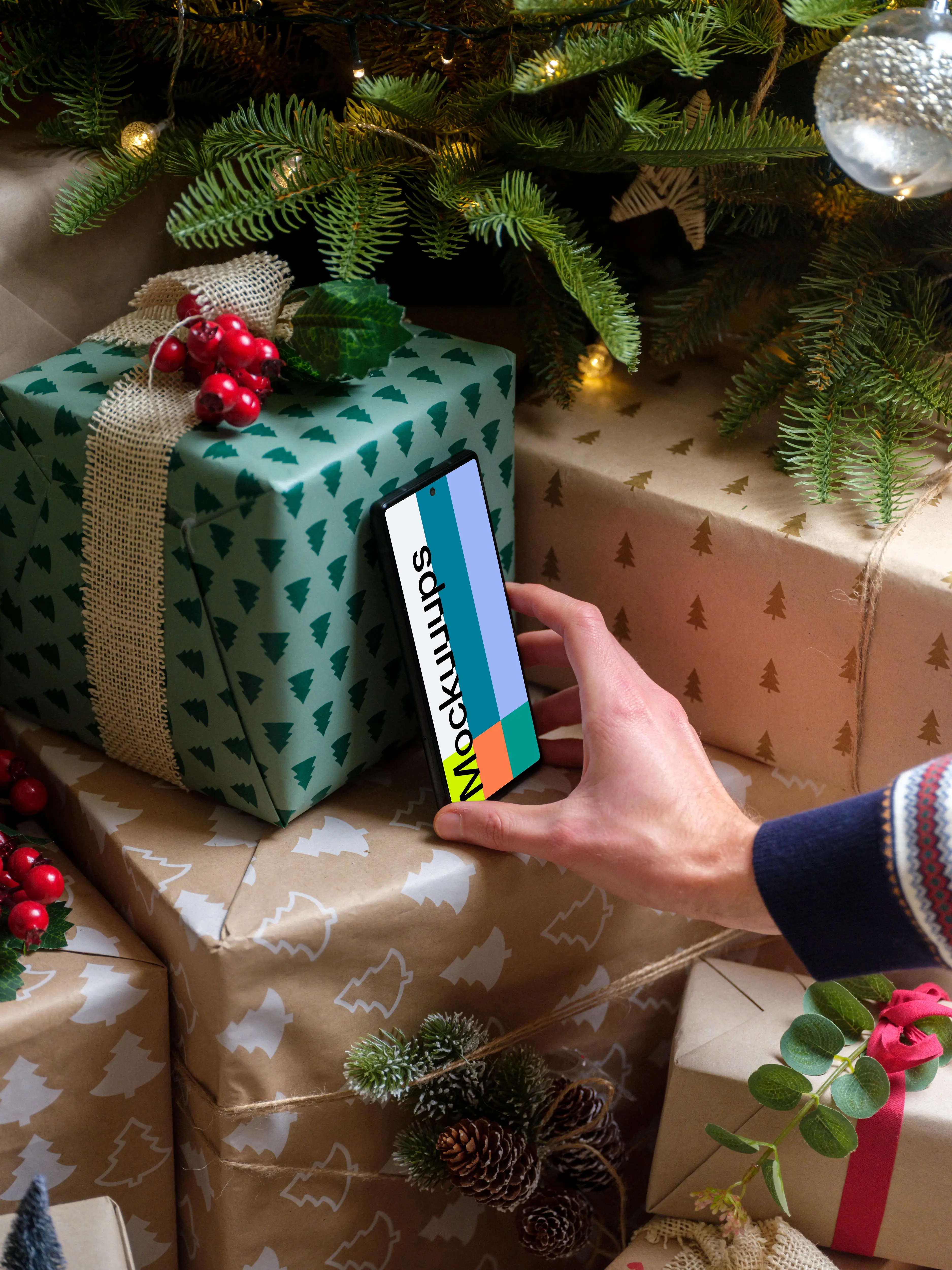 Christmas mockup with Google Pixel under the Christmas tree