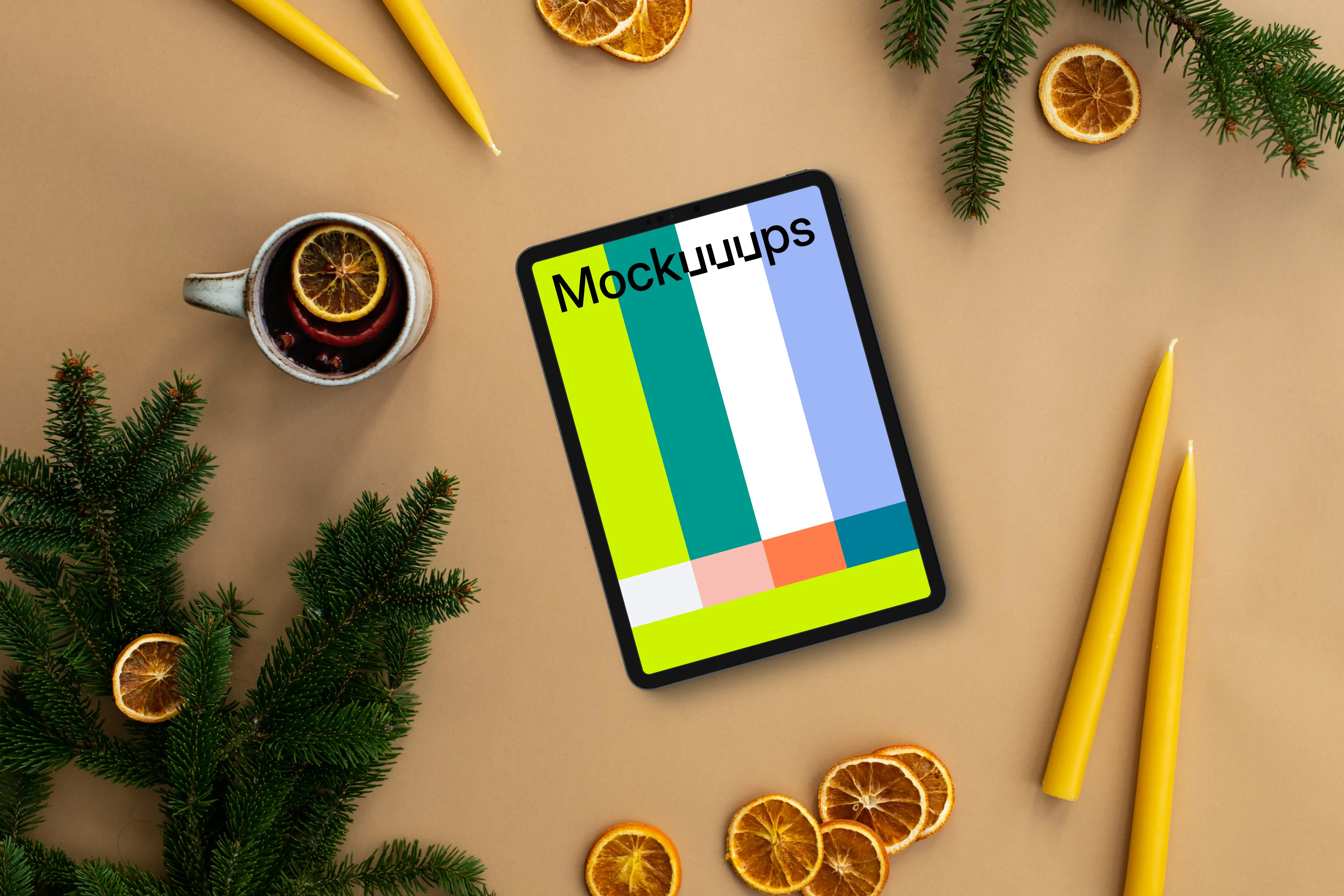 Christmas tablet mockup on beige background