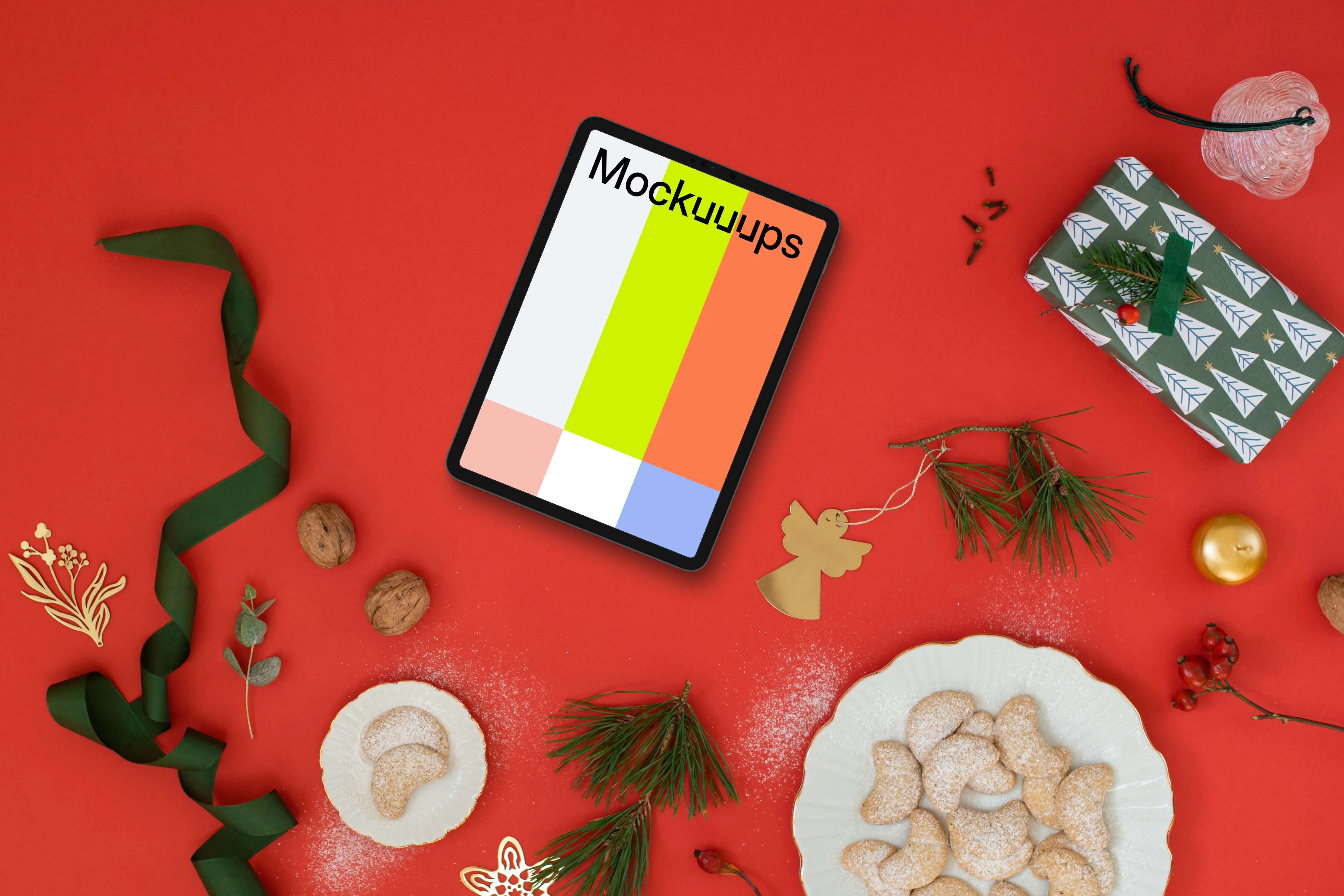 Christmas tablet mockup on red background