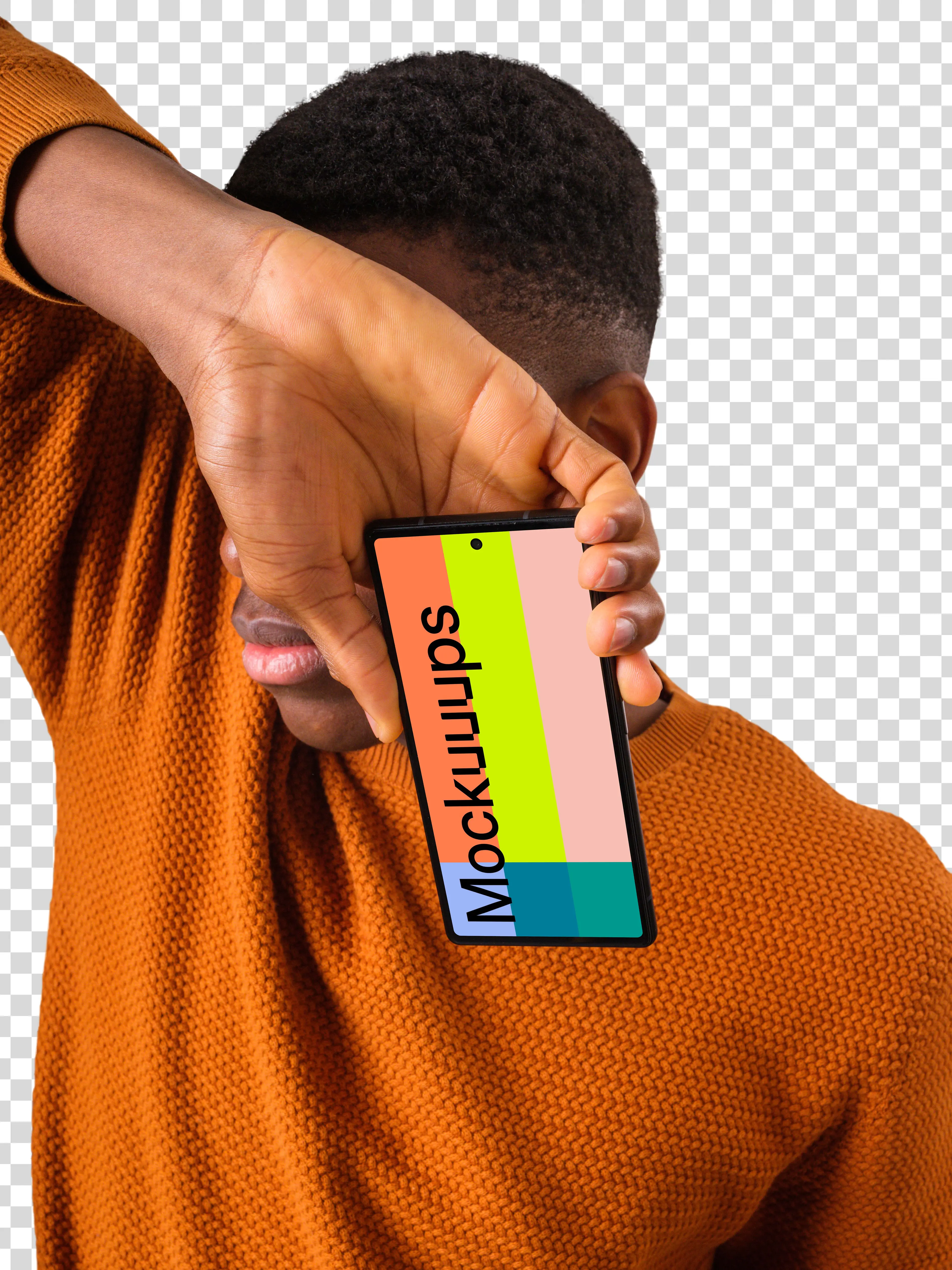 Close up of the Google Pixel mockup next to the man's face