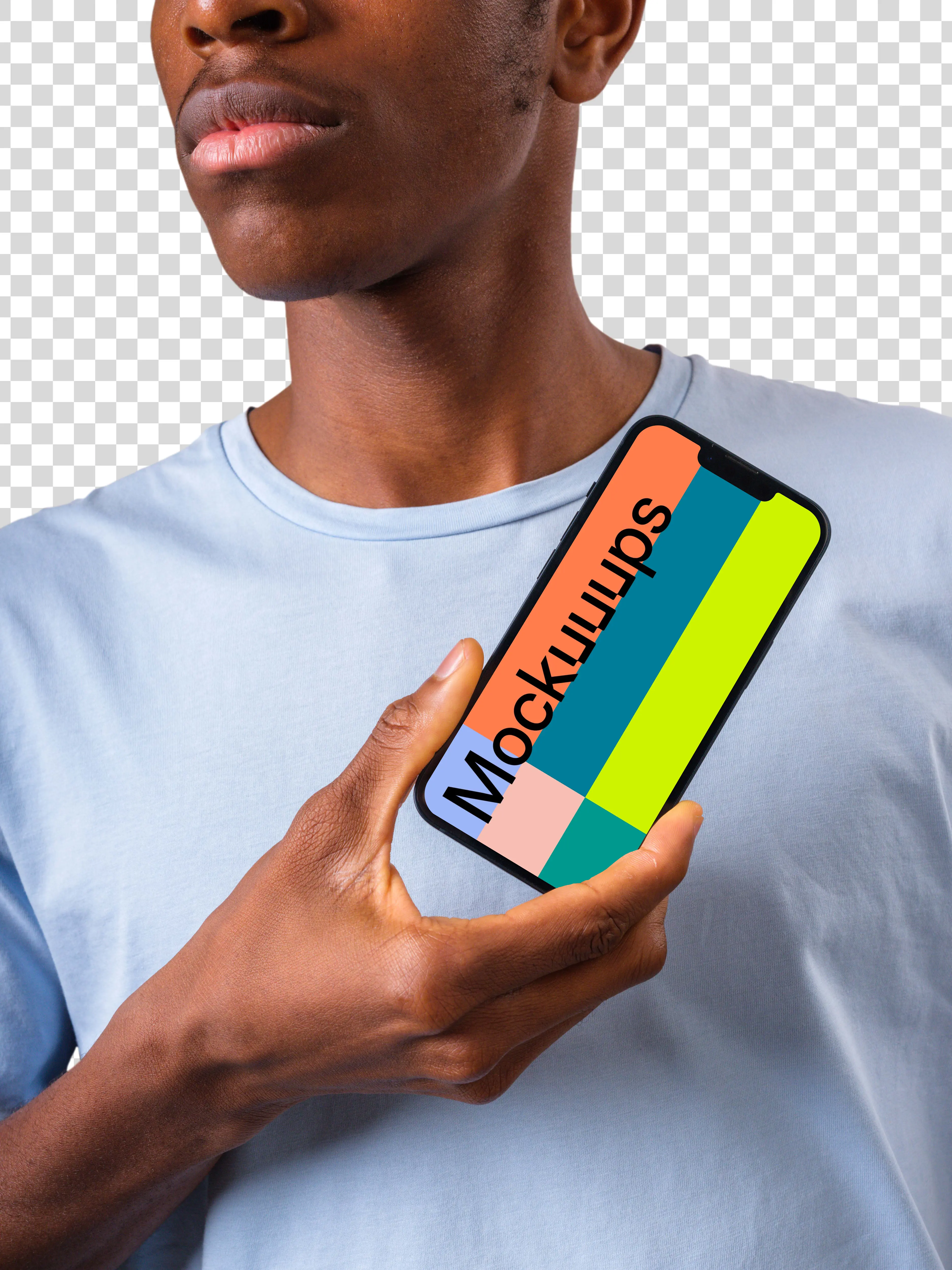 Close up of the iPhone mockup next to the man's face