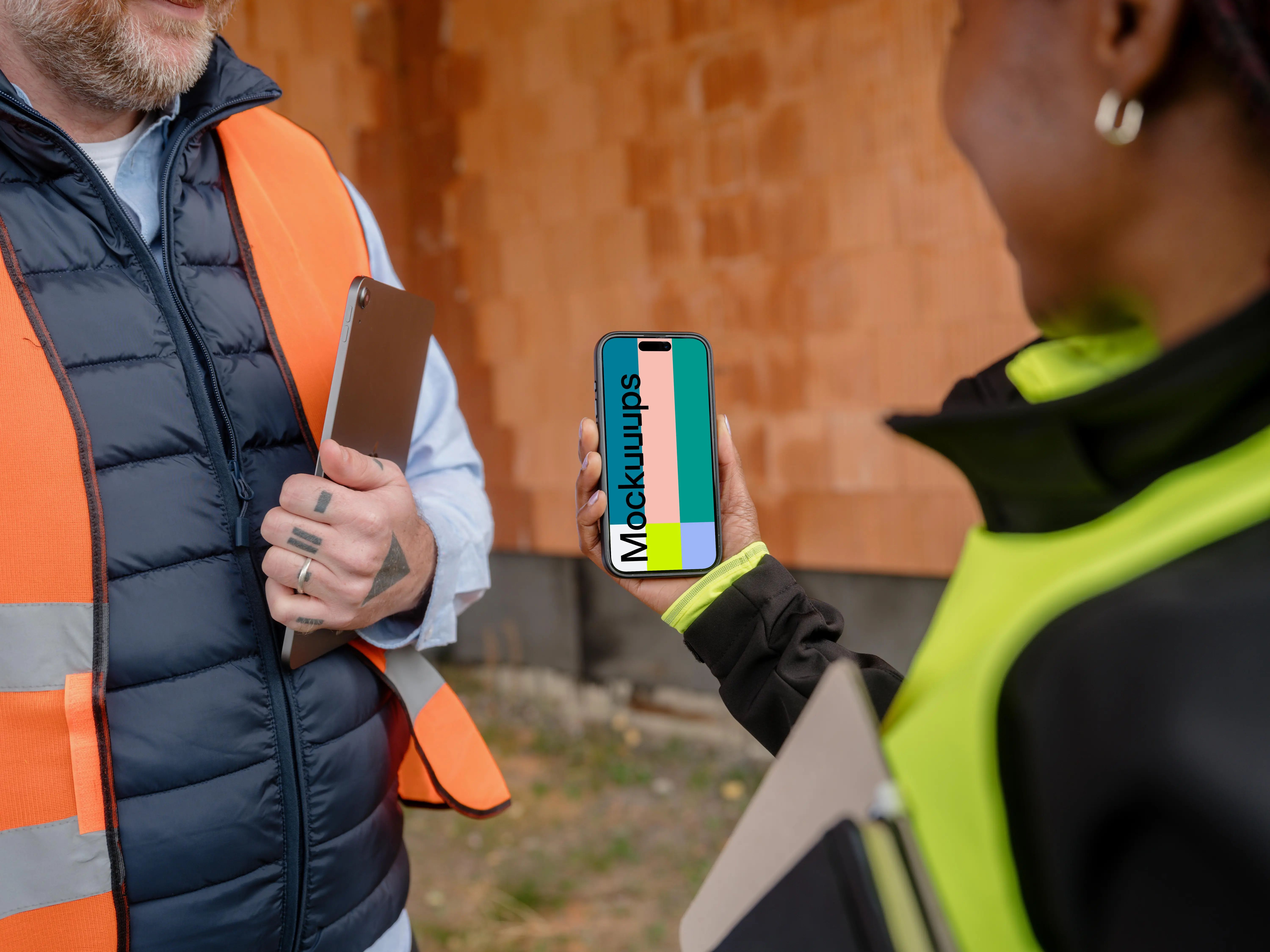 Construction engineer holding an iPhone mockup