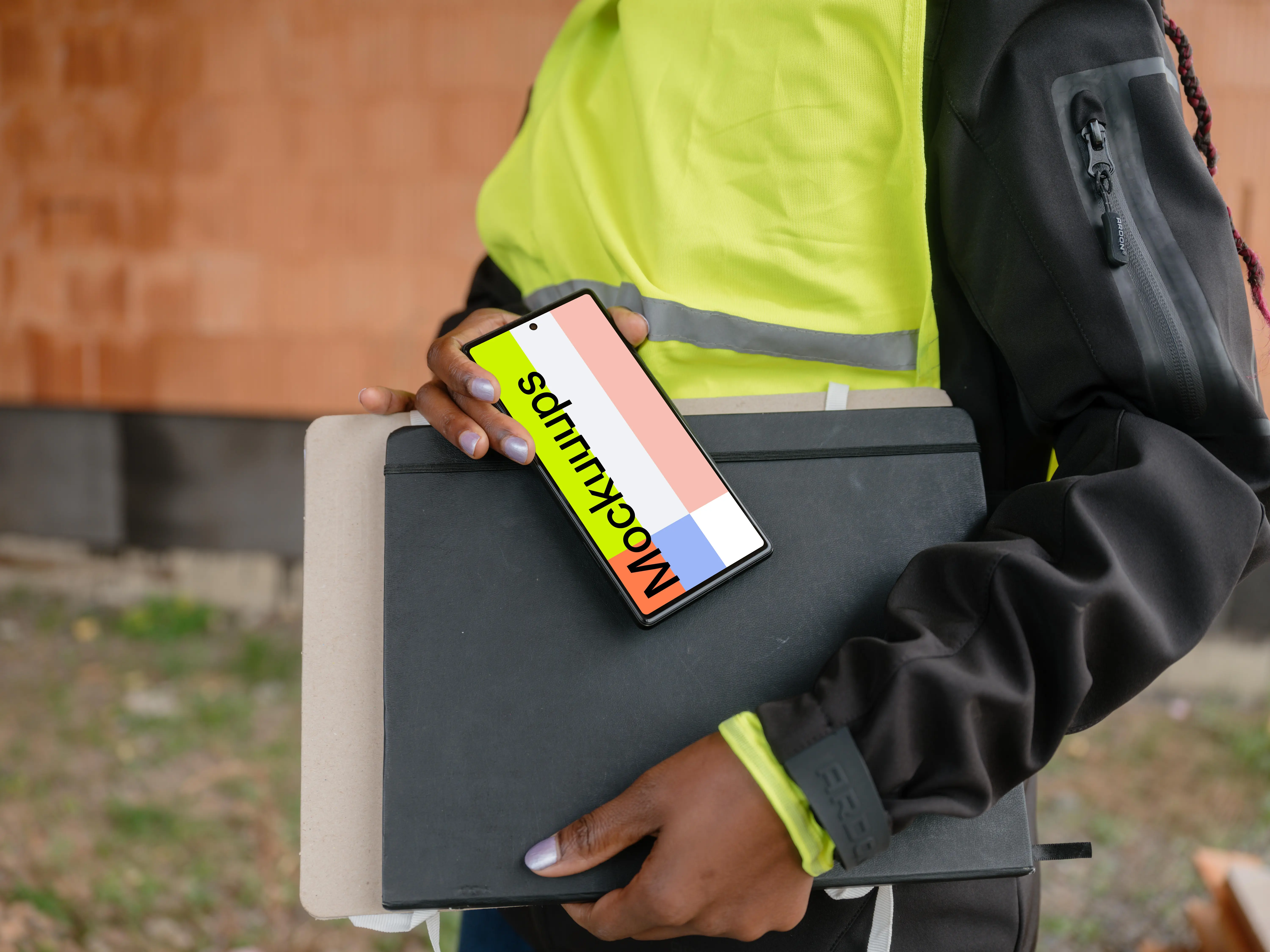 Construction-themed Google Pixel mockup featuring women