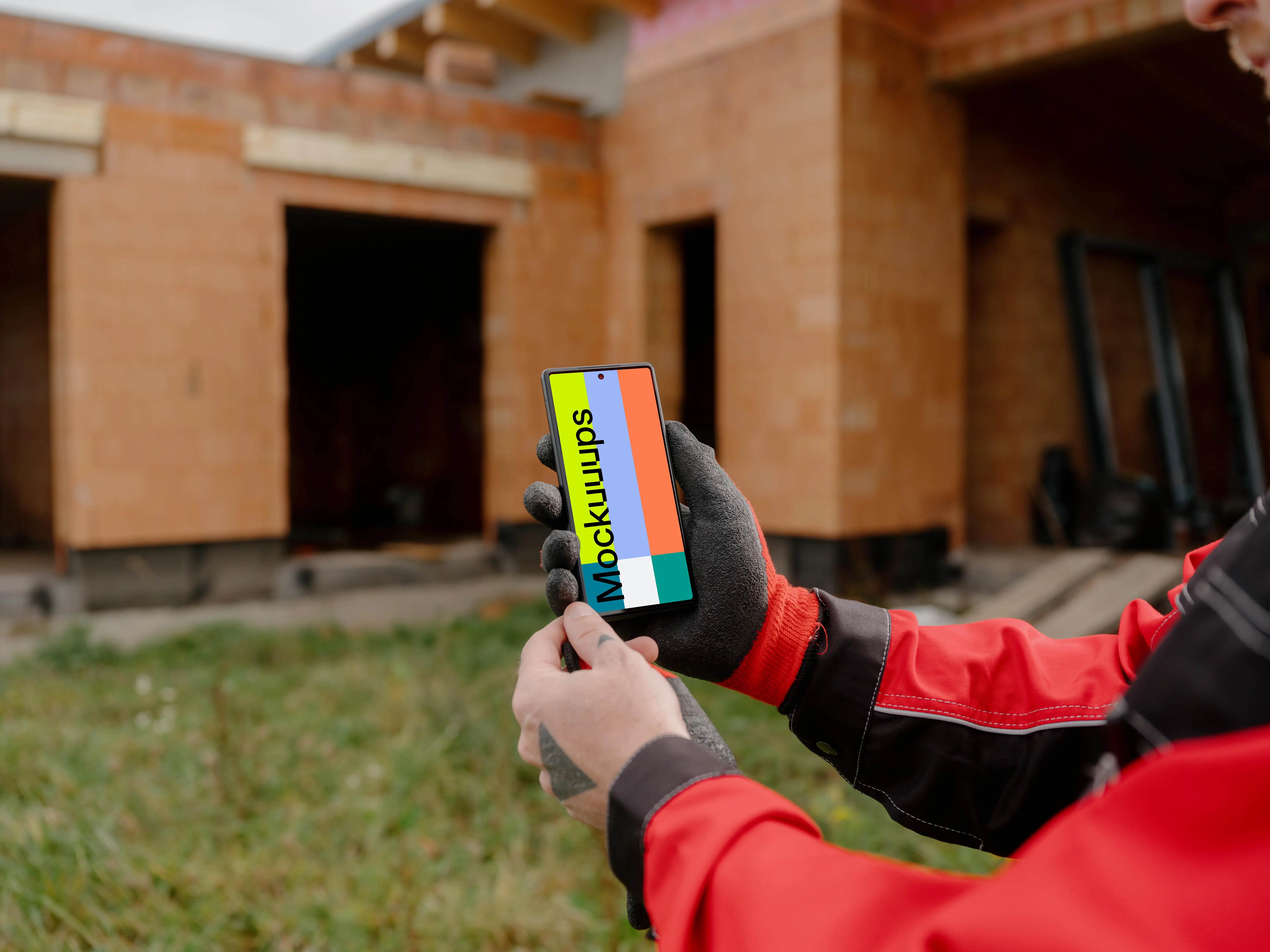 Construction worker holding a Google Pixel 6 mockup