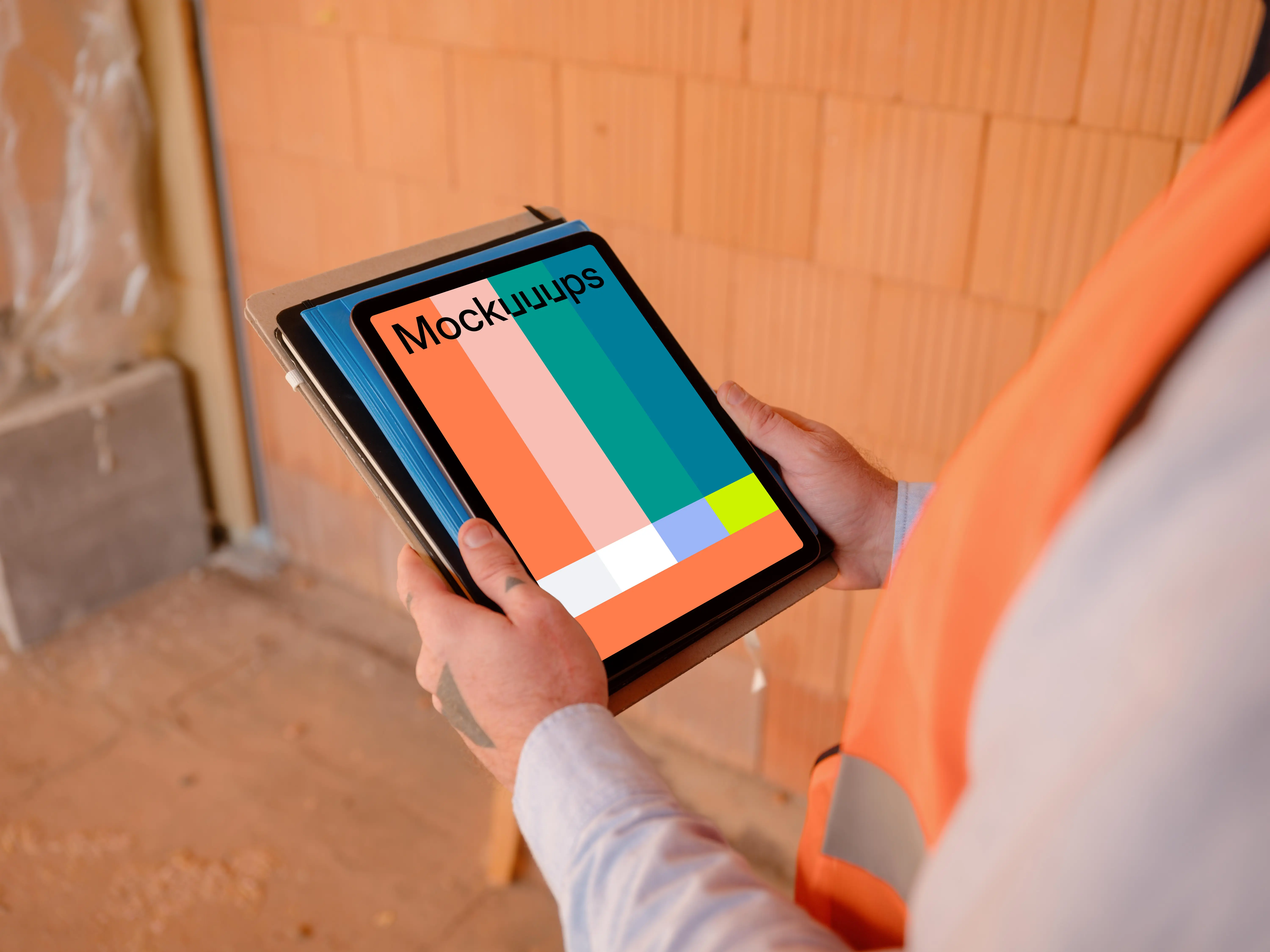 Construction worker holding an iPad mockup