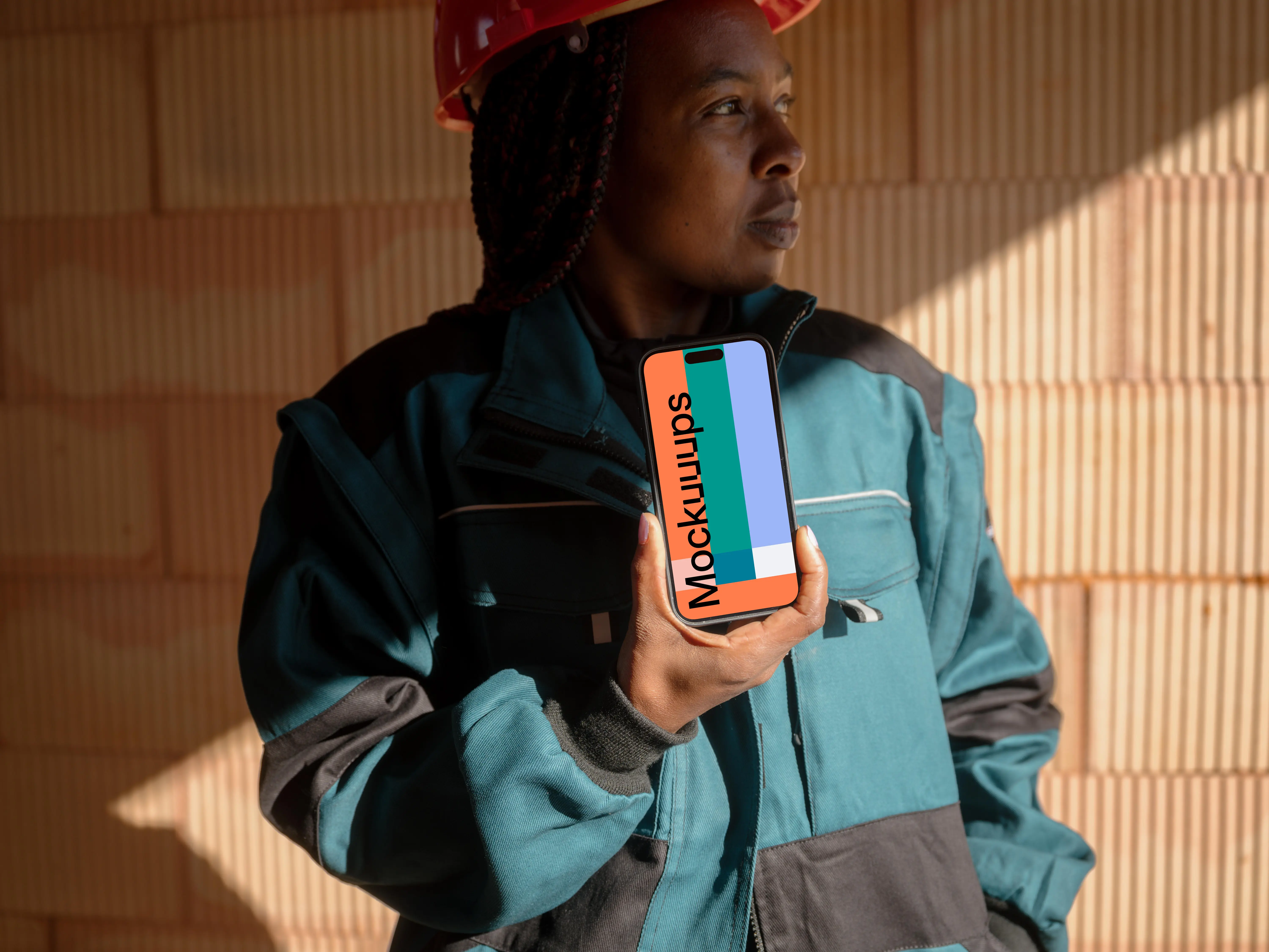 Construction worker presenting an iPhone mockup