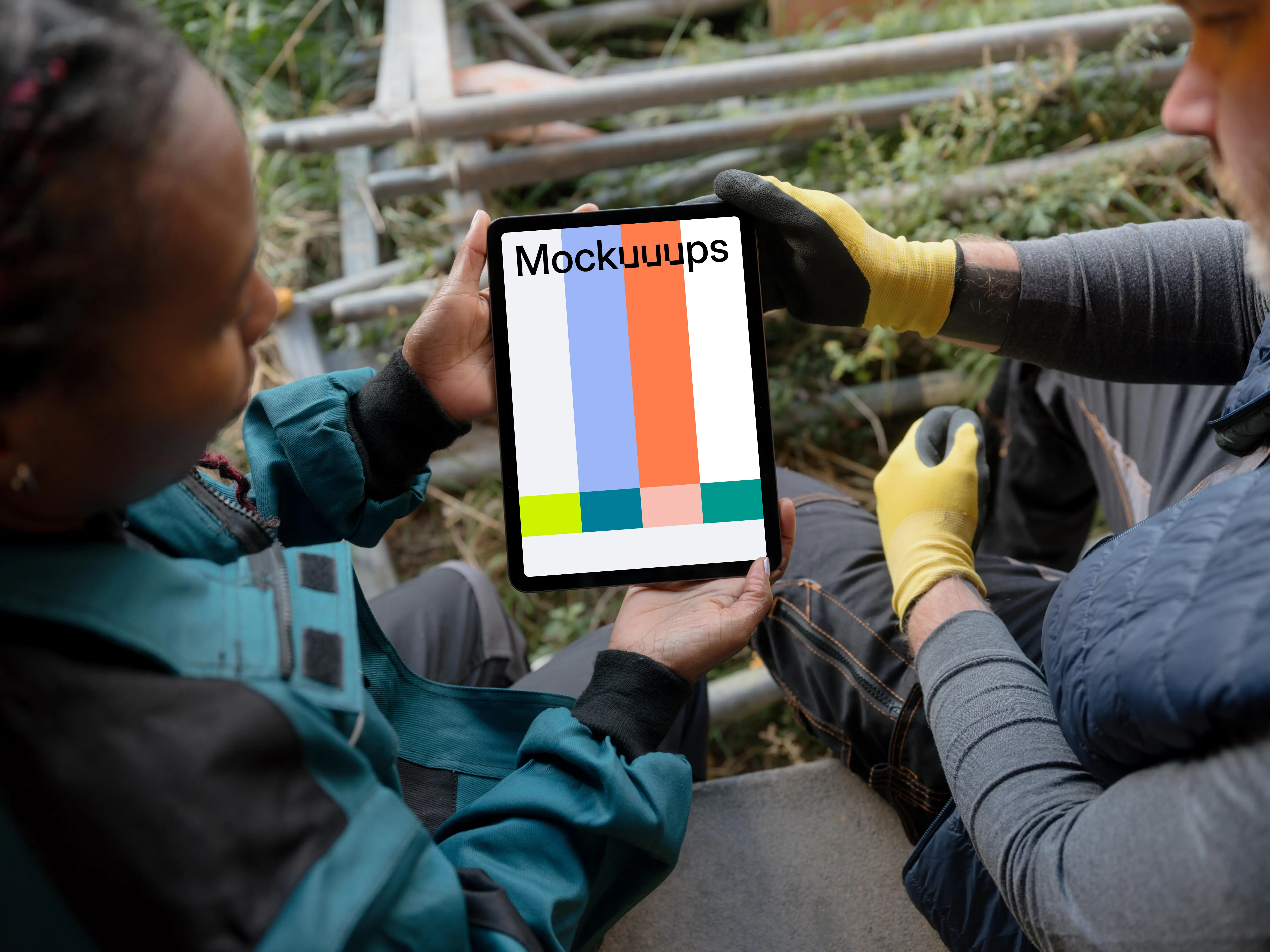 Construction workers with an iPad mockup