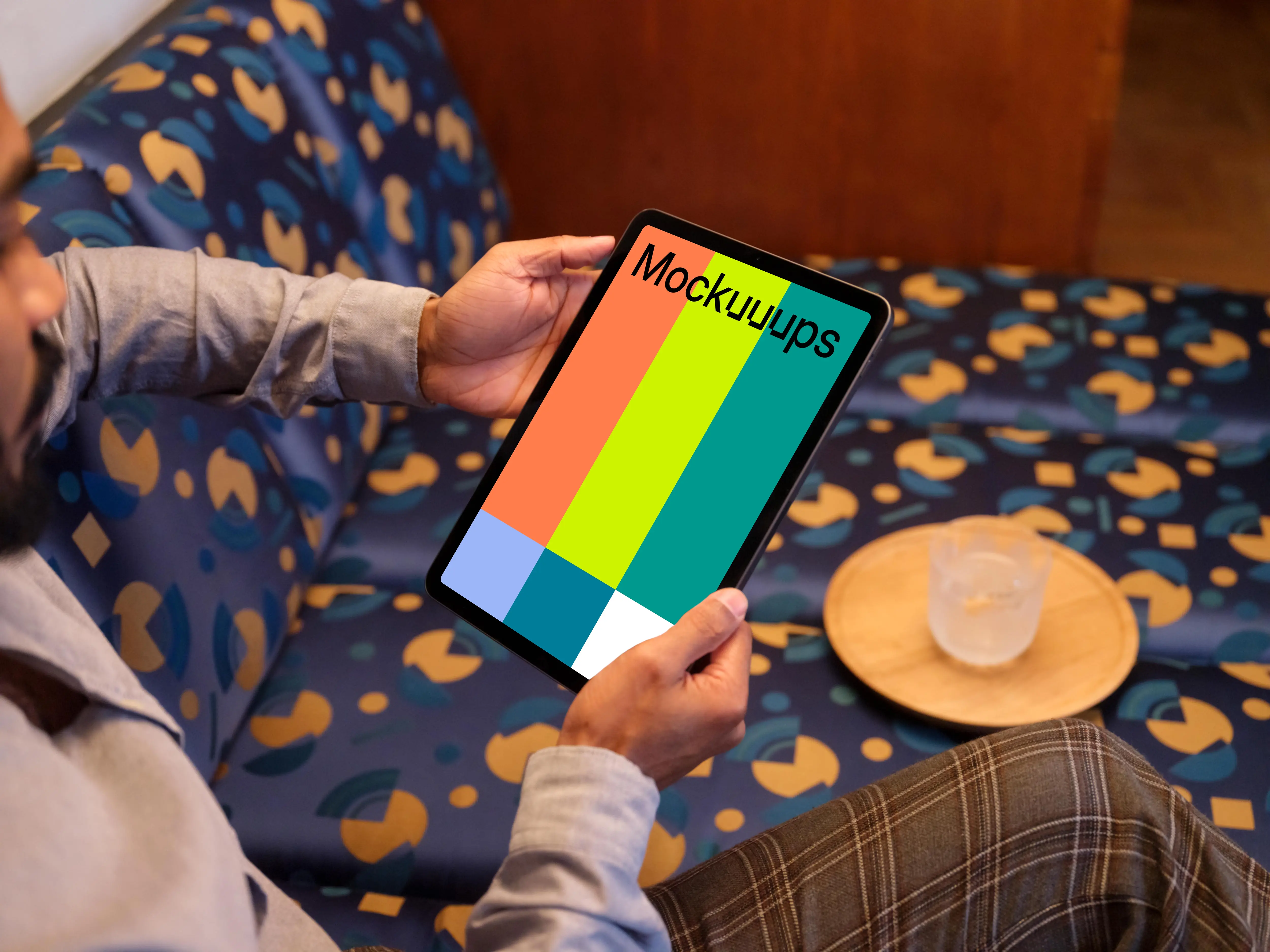 Cozy lounge setting and iPad mockup