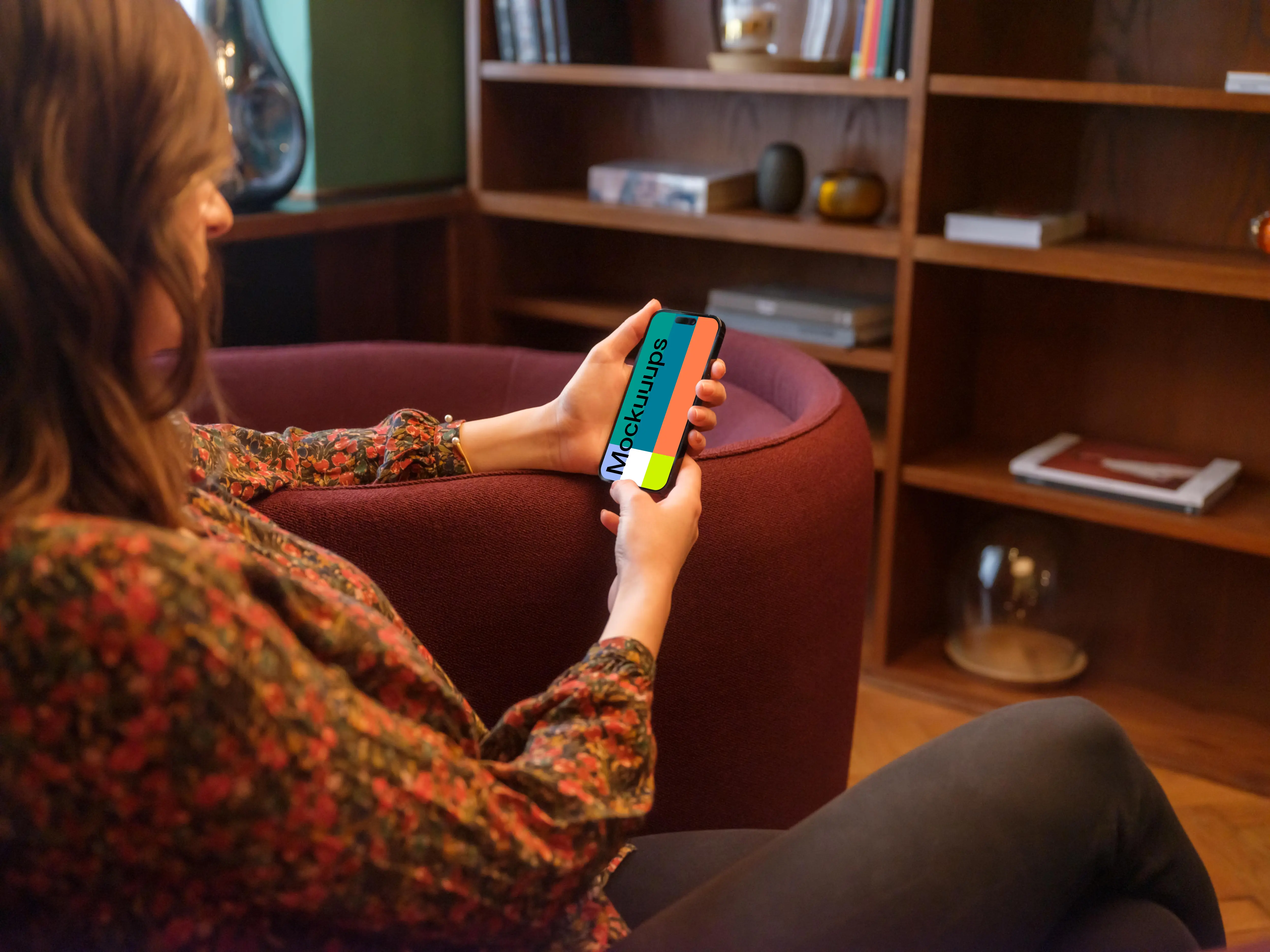 Cozy lounge setting and iPhone mockup