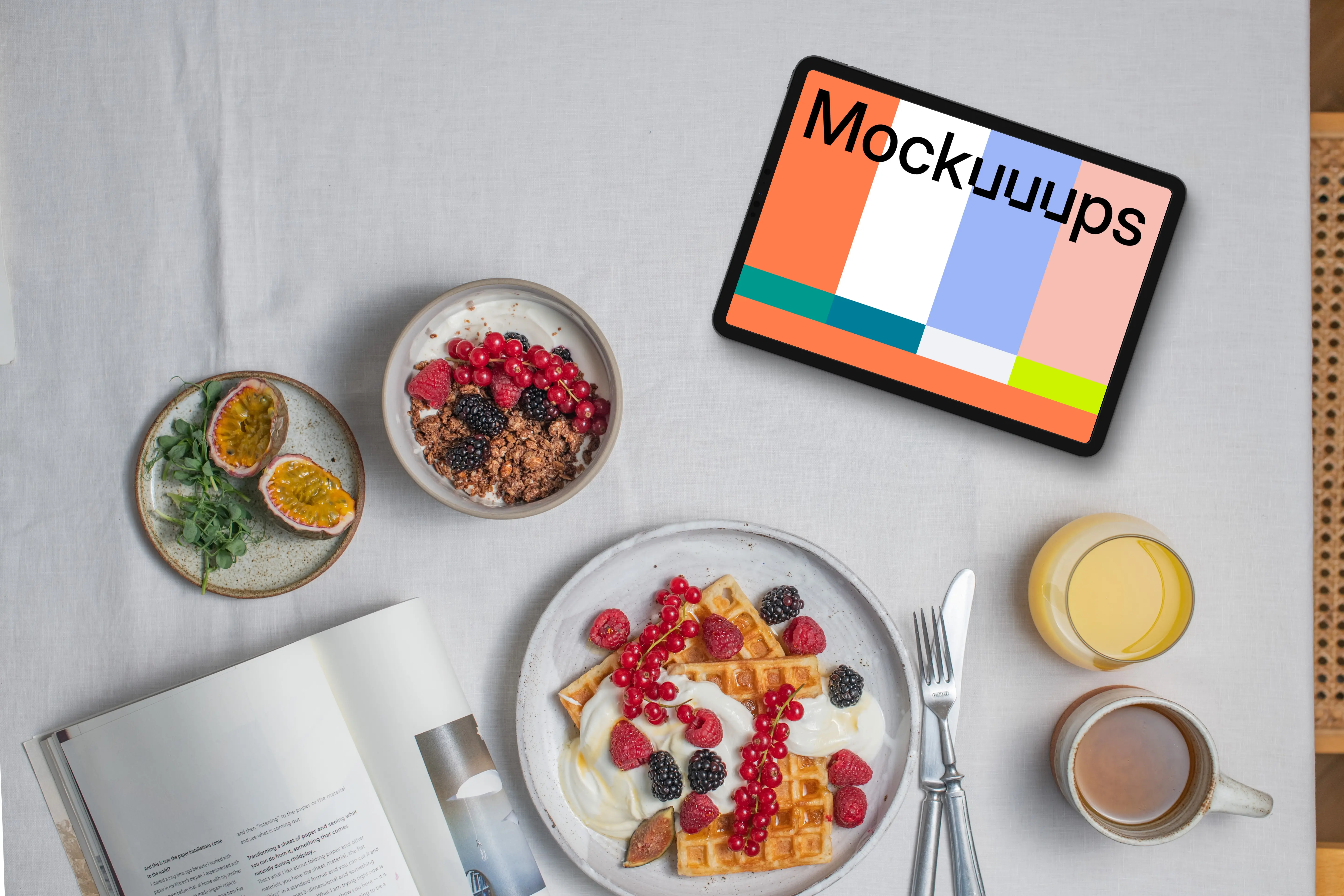 Delicious breakfast waffles next to the tablet mockup