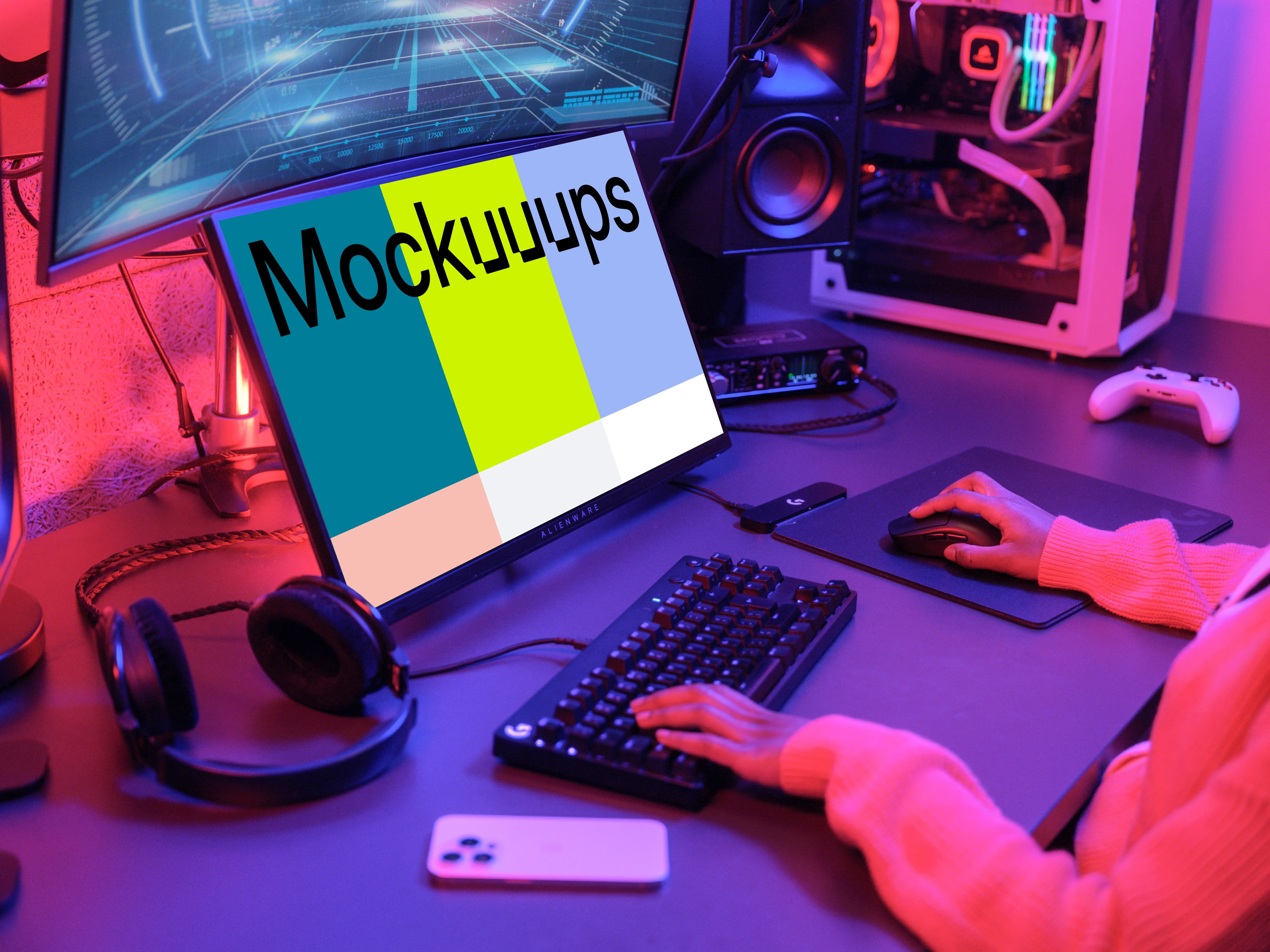 Dell display mockup in a vibrant gaming setup