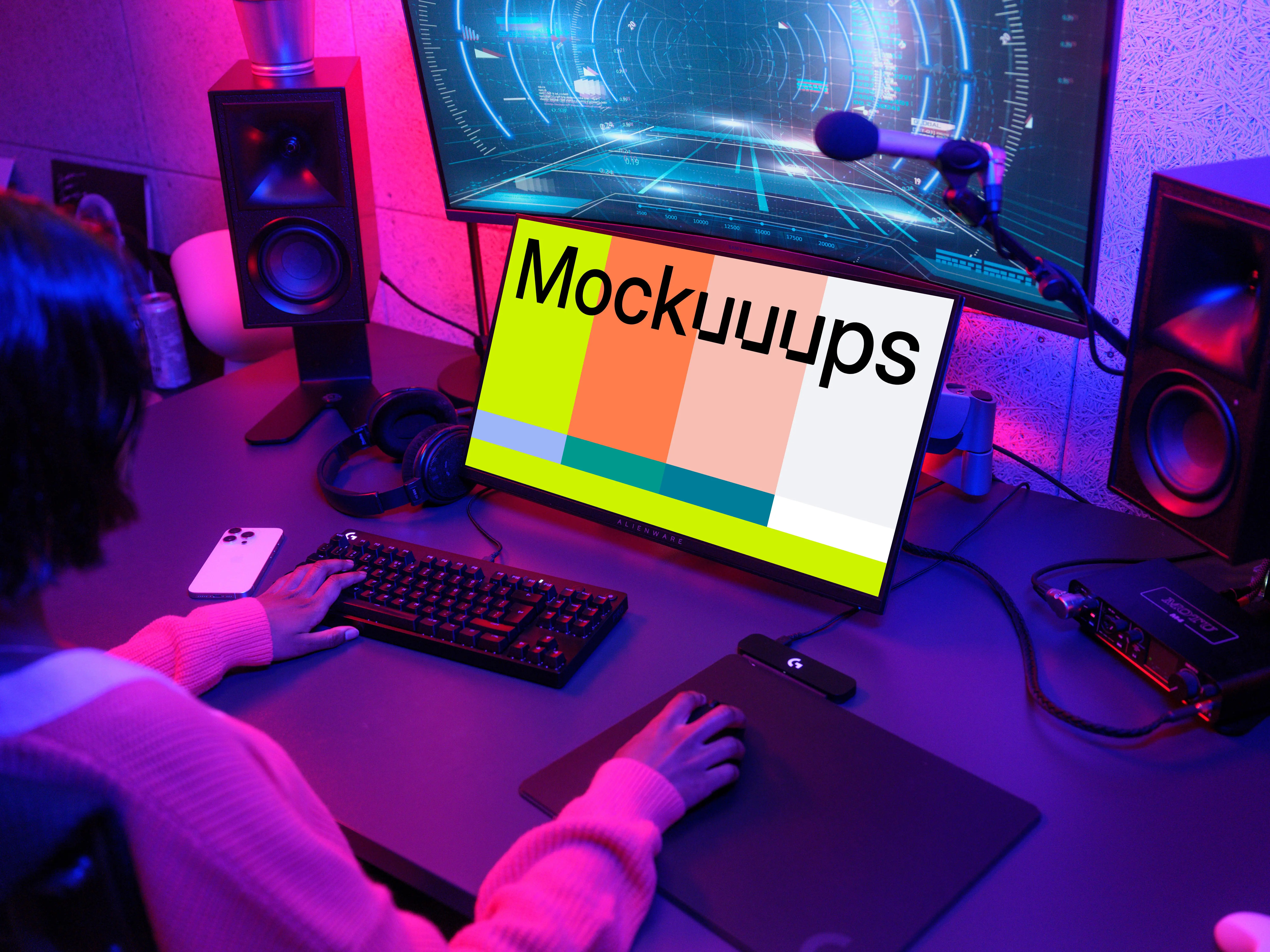 Dell monitor mockup in vibrant gaming setup