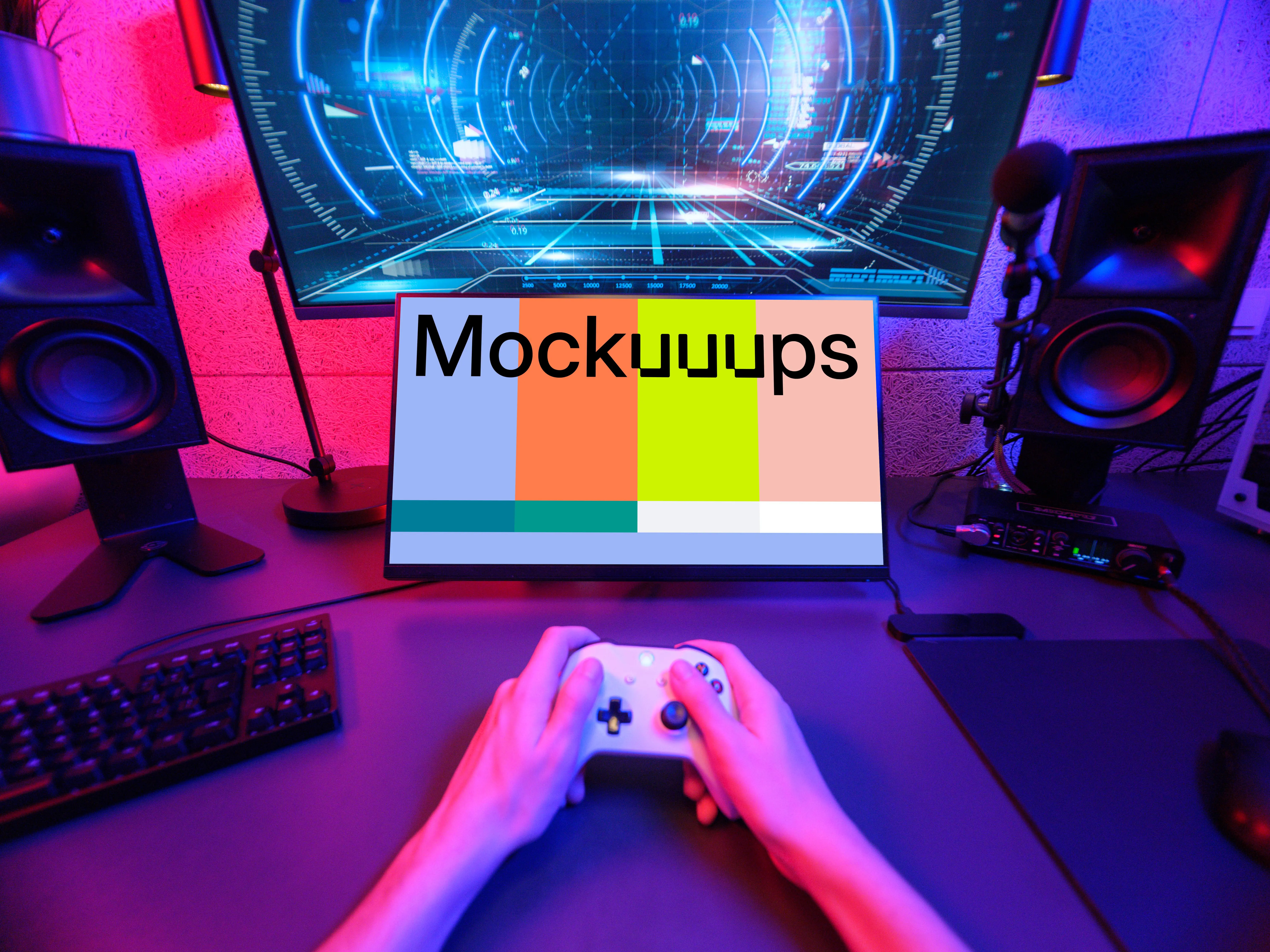 Dell monitor mockup with vibrant gaming setup