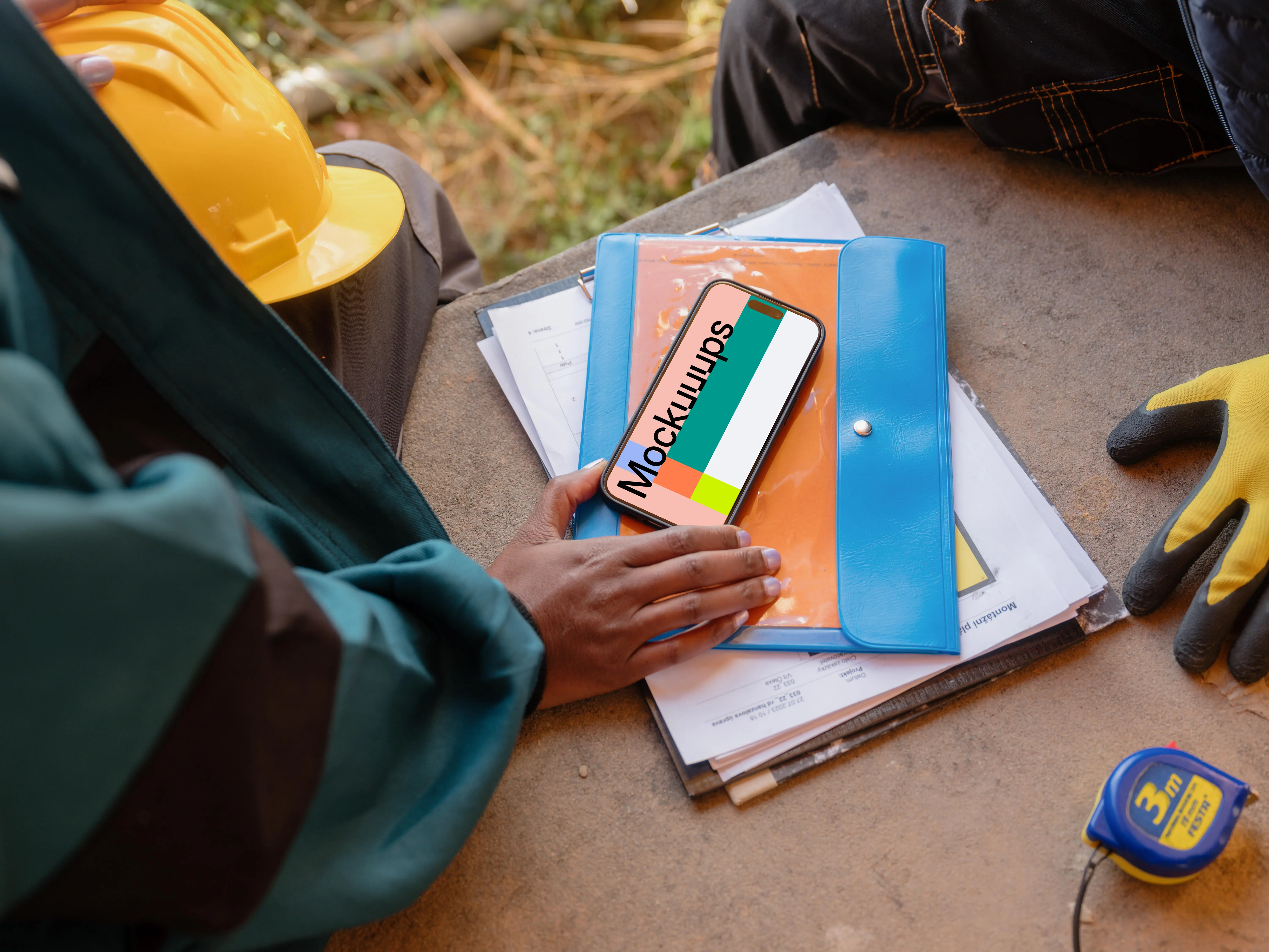 Designer on the construction site with an iPhone 15 Pro mockup