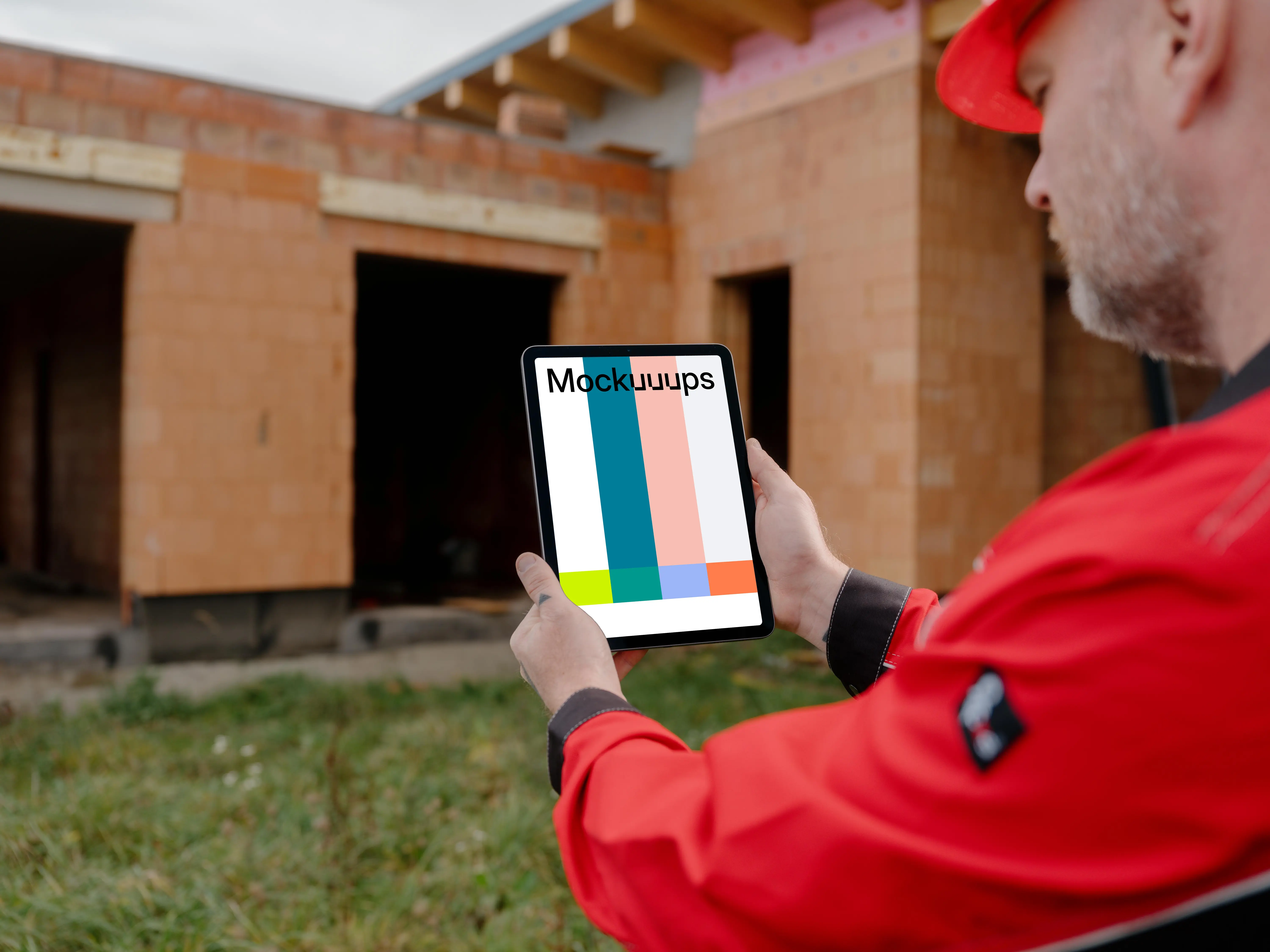 Designer on the construction site working on the iPad mockup