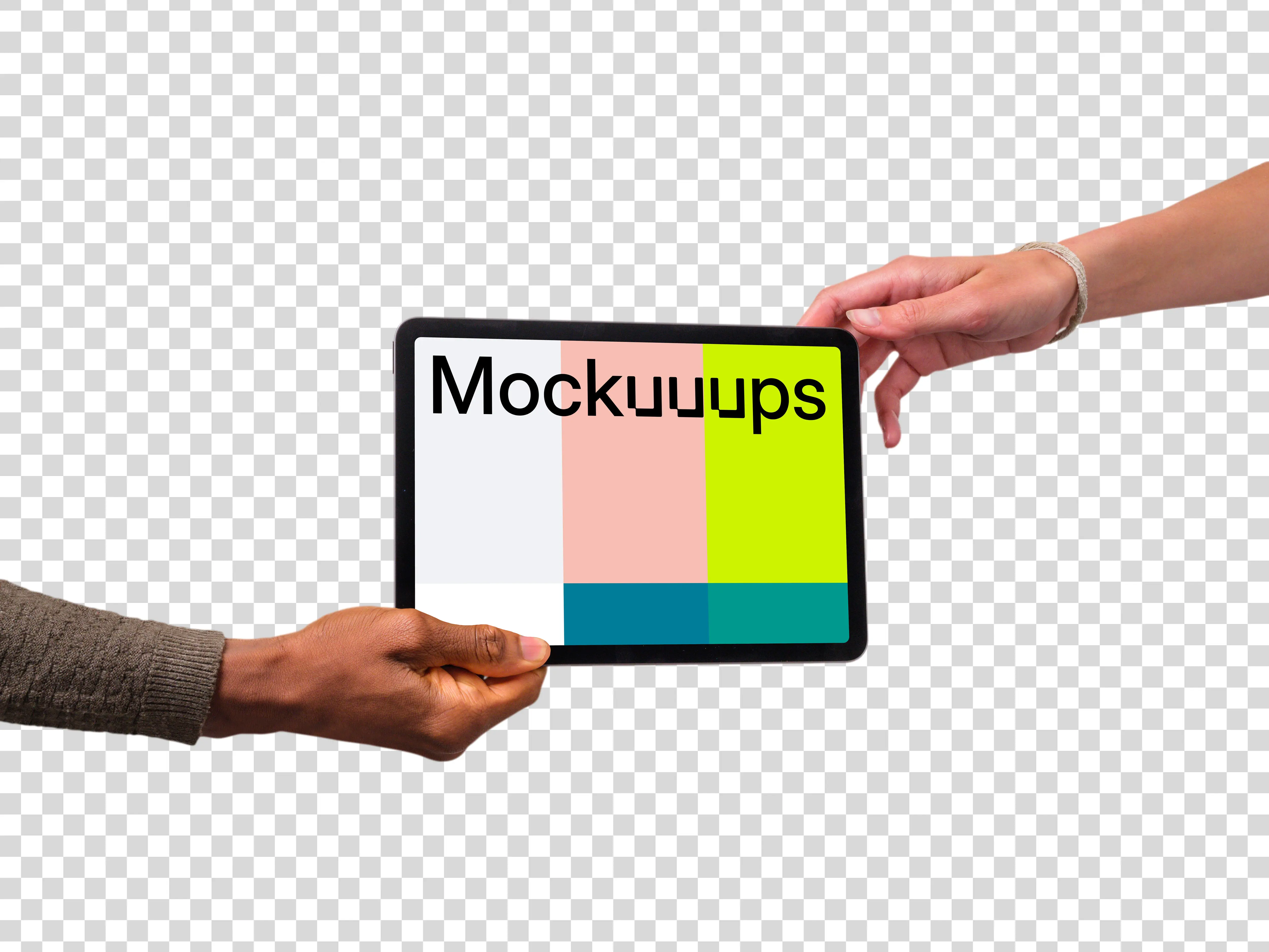 Diverse hands reaching to iPad mockup