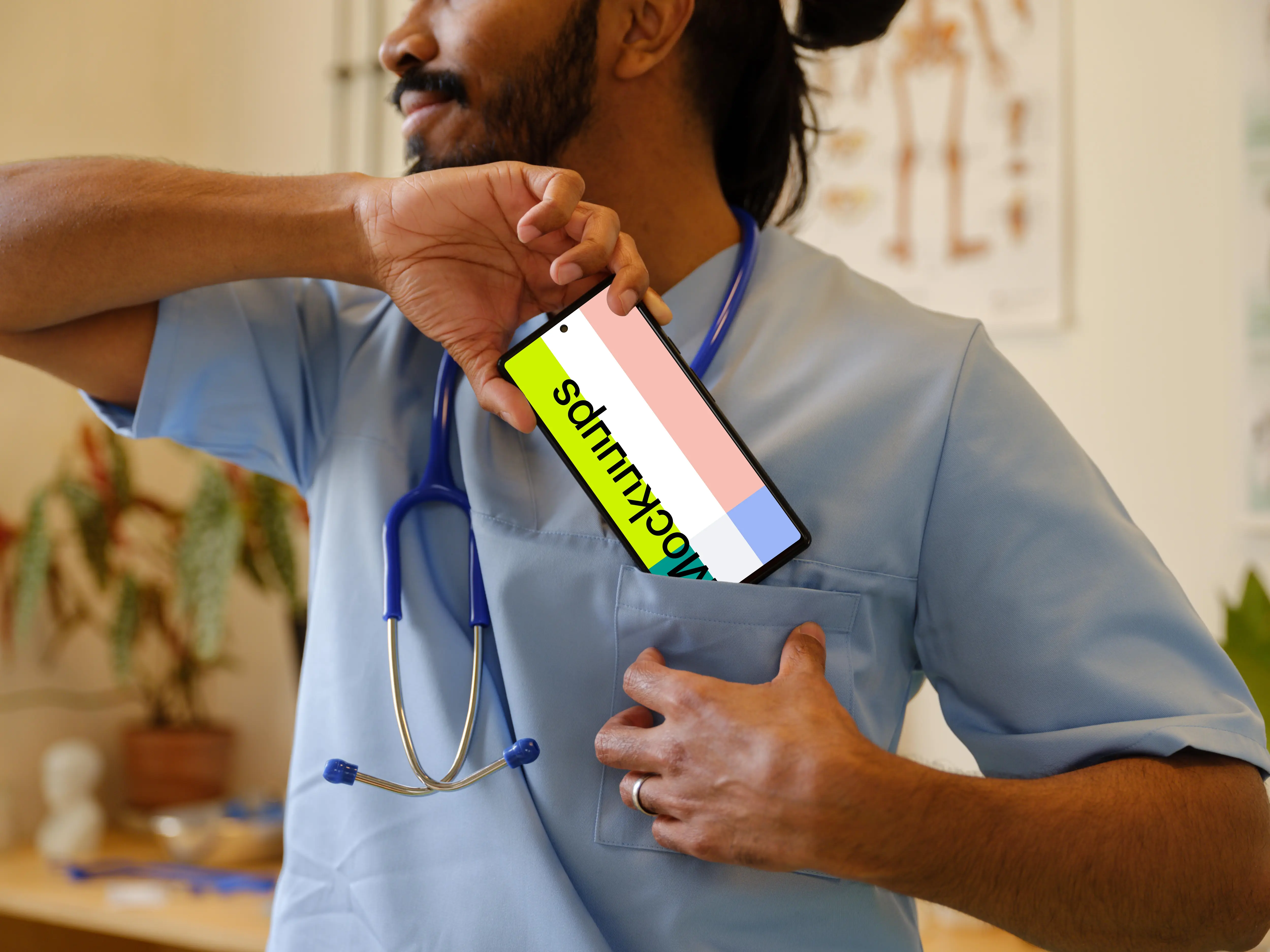 Doctor taking Google Pixel 6 out of his pocket
