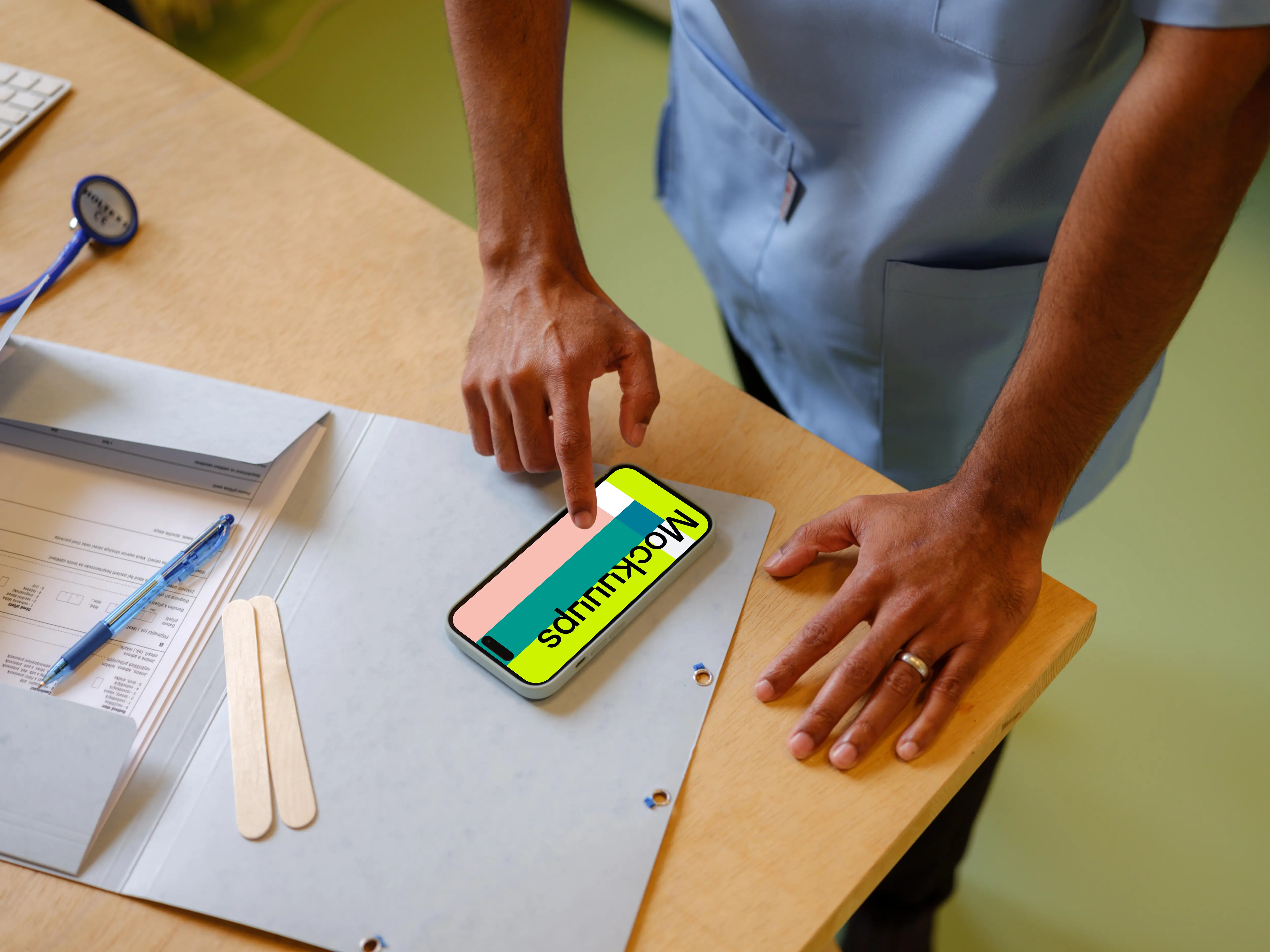Doctor typing on a phone mockup