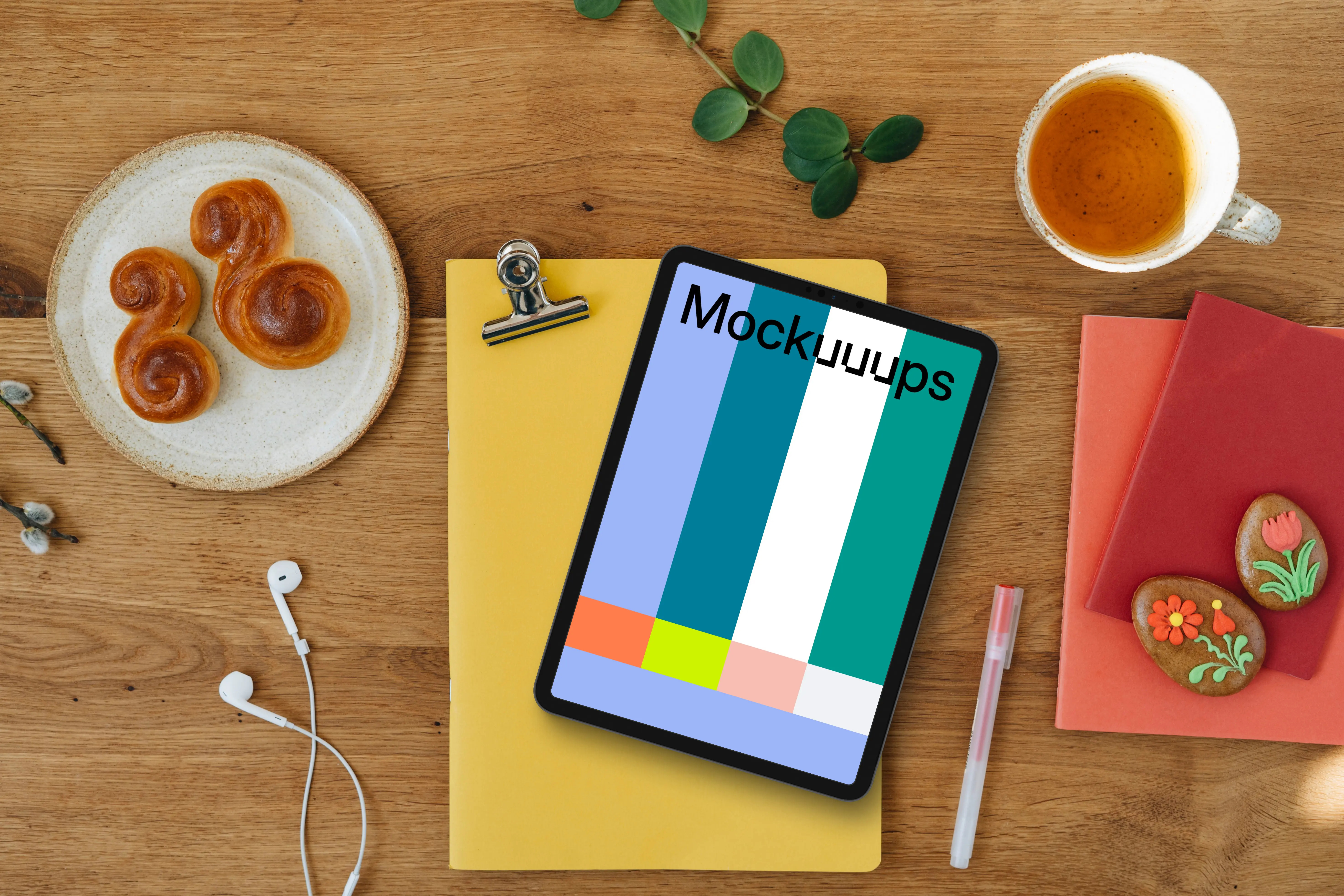 Easter tablet mockup on wooden table