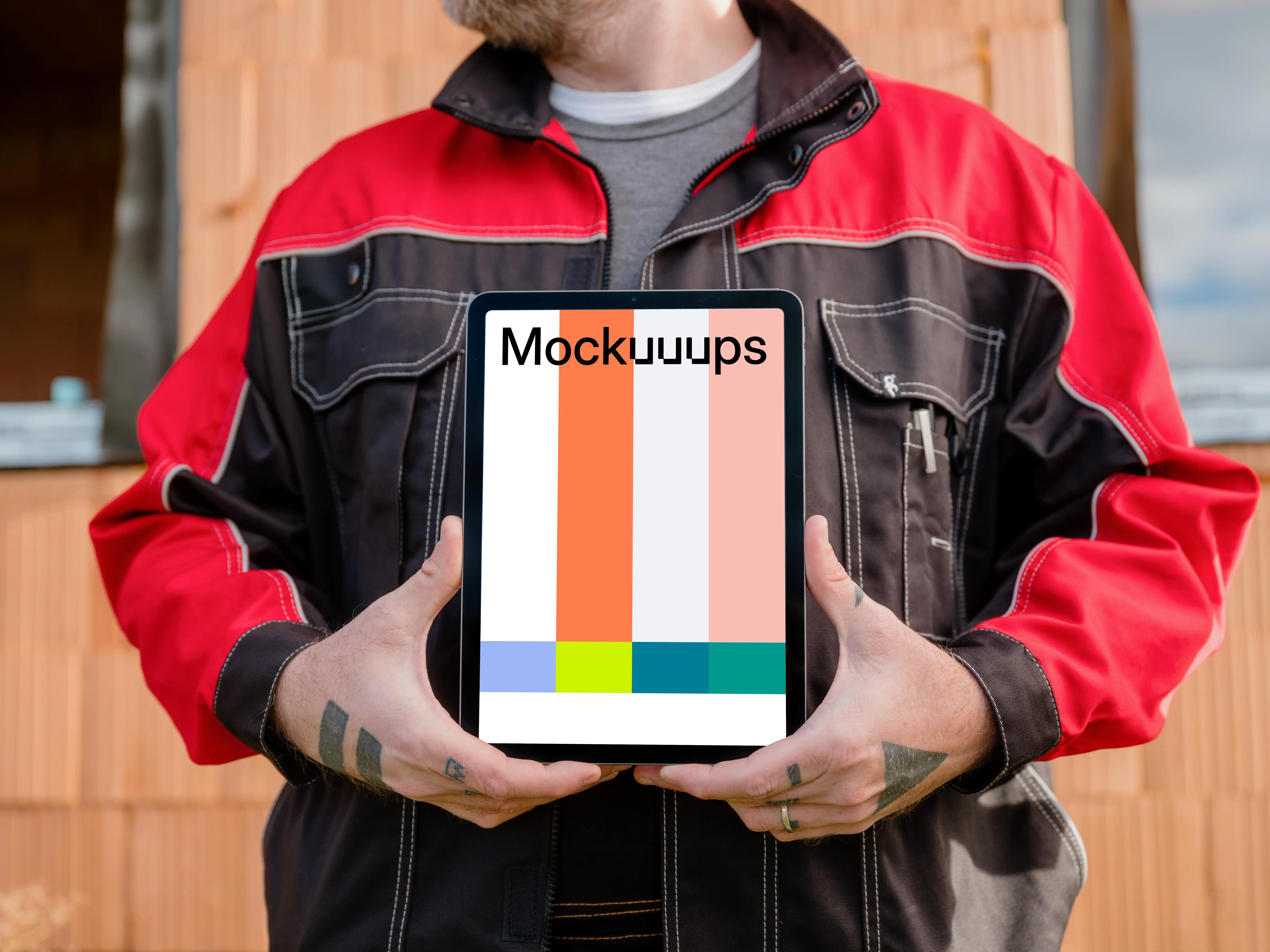 Engineer in construction presenting iPad mockup