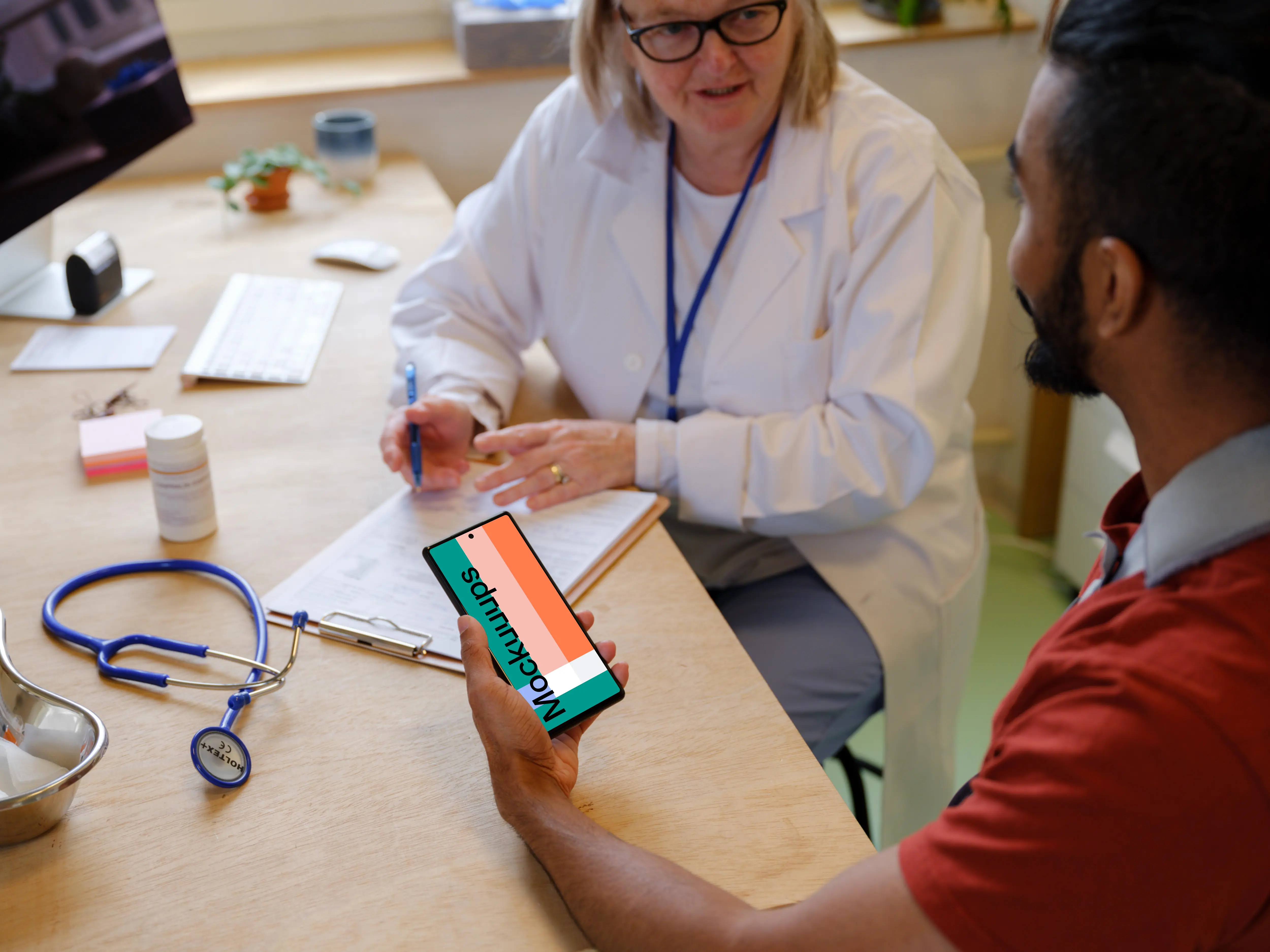 Examination at the doctor and patient holding a phone