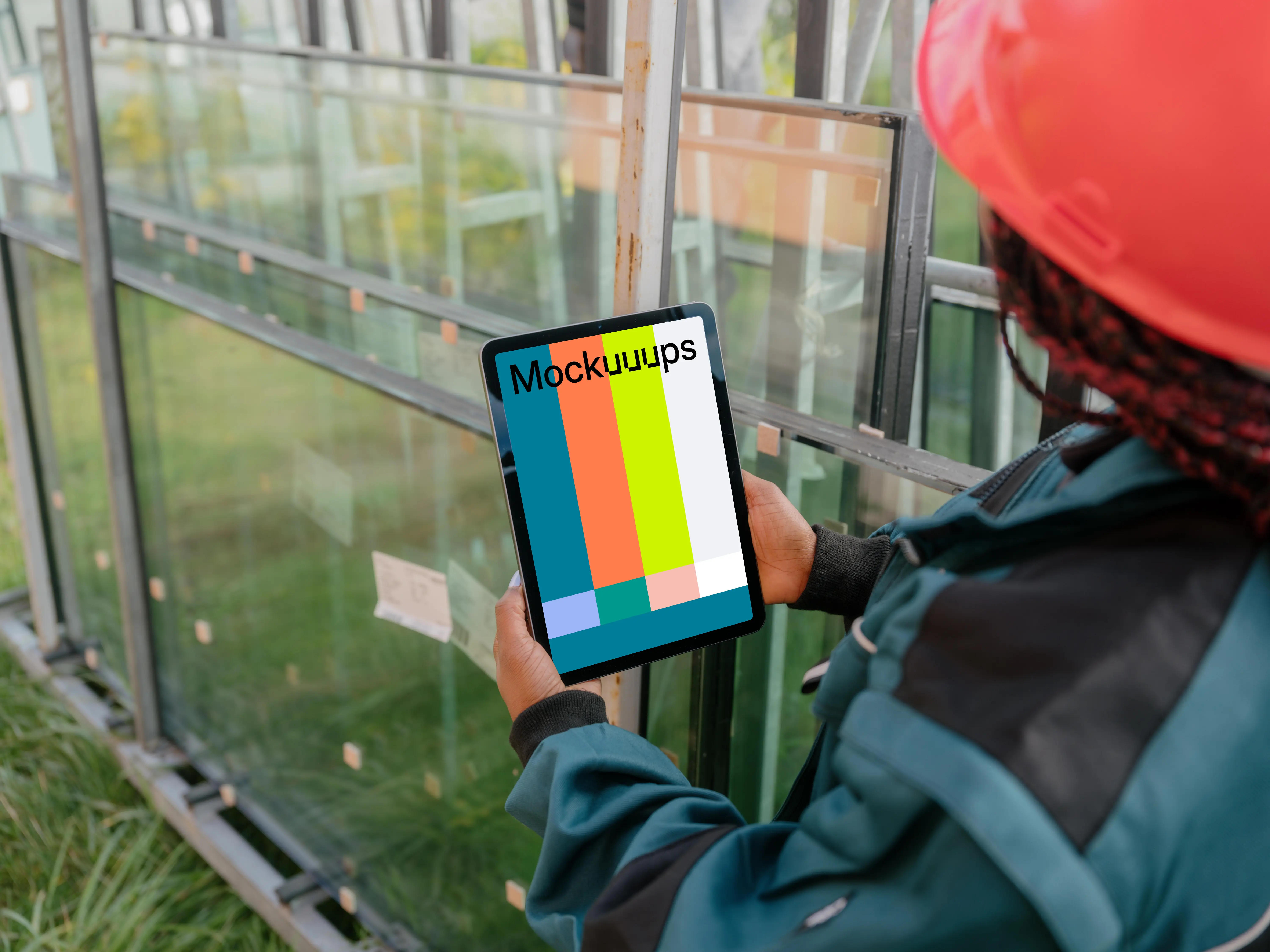 Female construction worker with an iPad in her hands