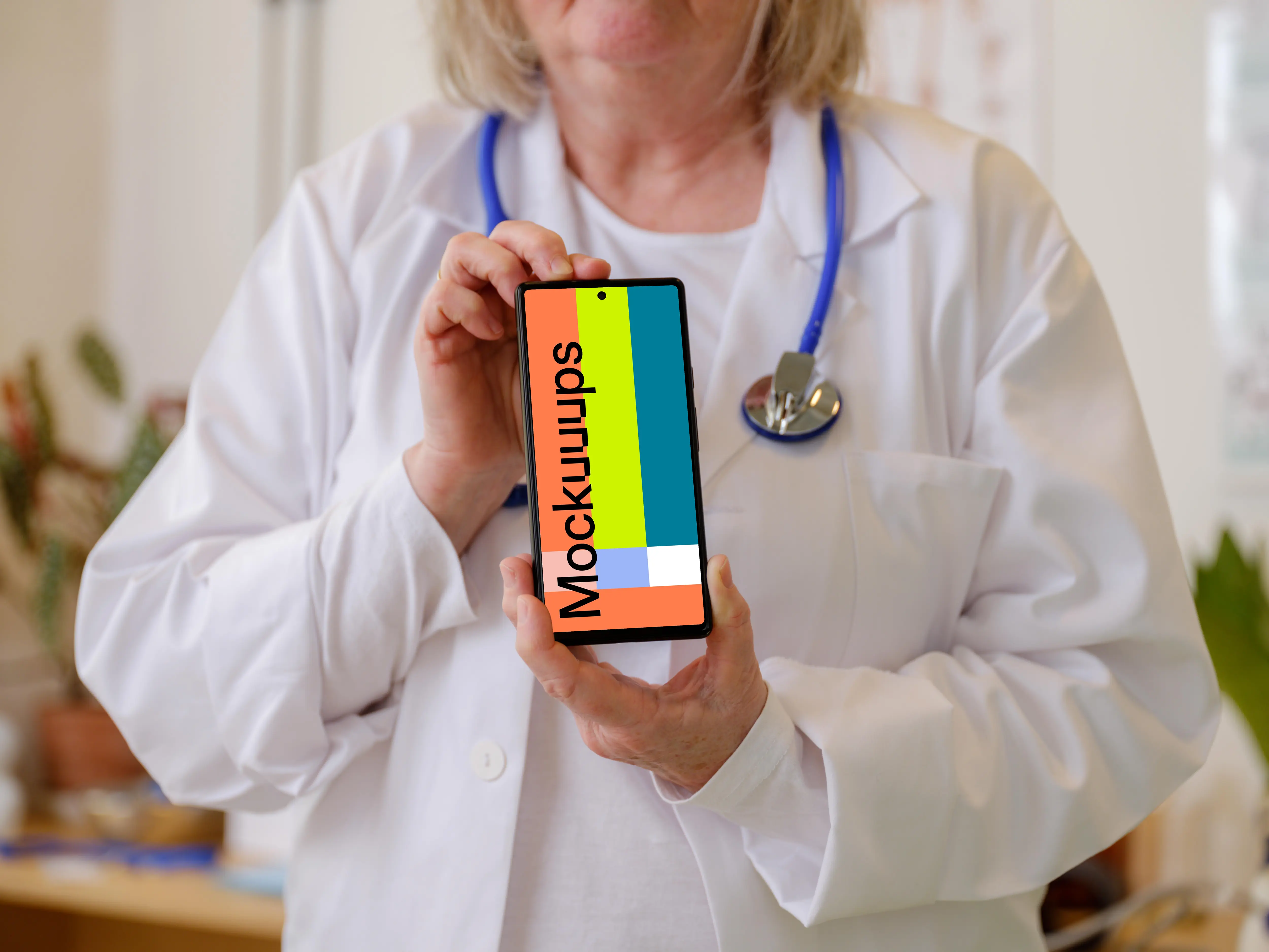 Female doctor holding a Google Pixel 6 mockup
