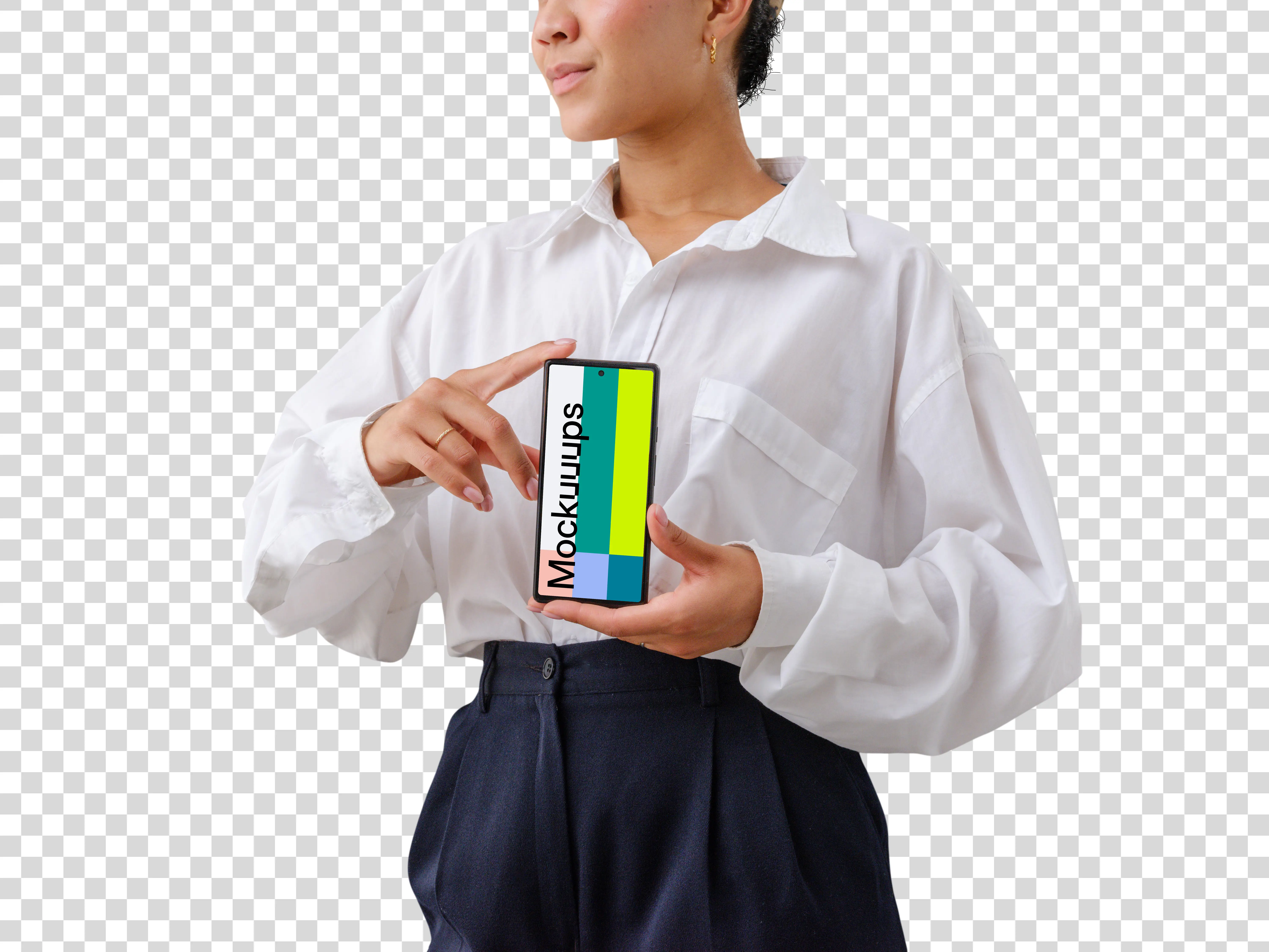 Female entrepreneur confidently holding a Google Pixel 6 mockup