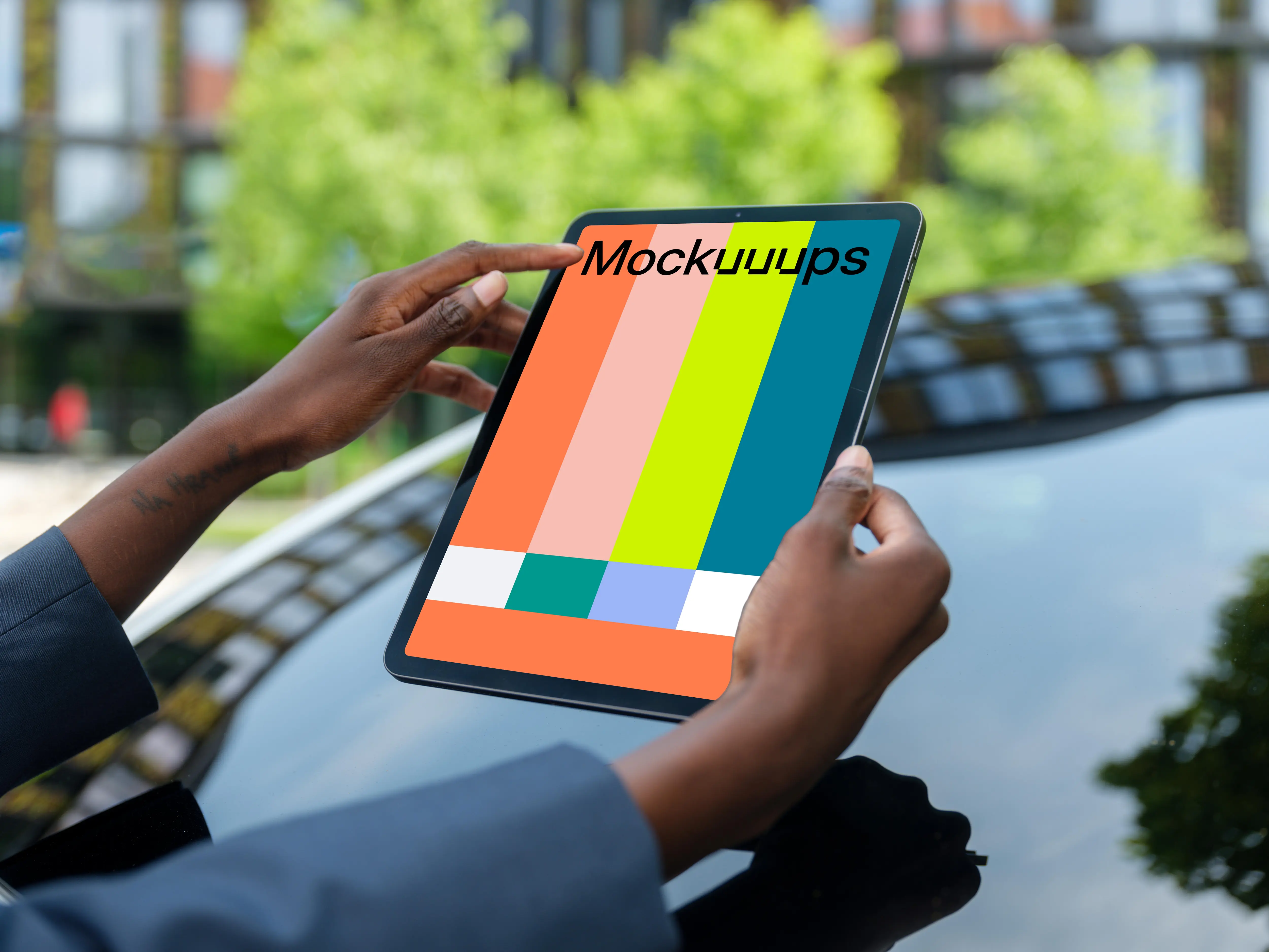Female entrepreneur holding an iPad Air mockup
